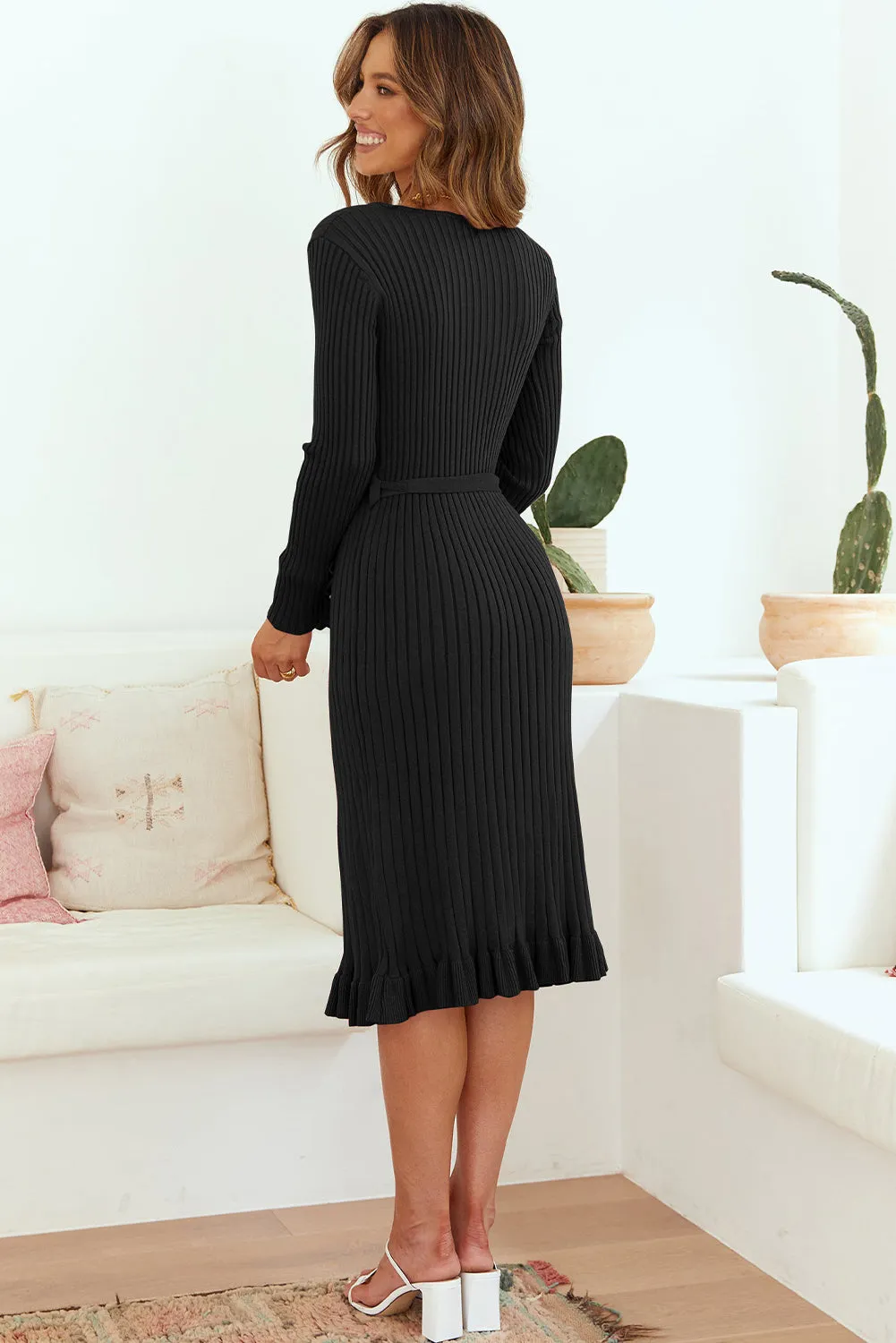 Bohemian Ribbed V-Neck Tie Waist Pencil Dress