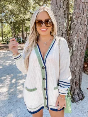 BP Ivory/Navy/Green Varsity Sweater Cardigan/Dress NWT- Size S (sold out online)