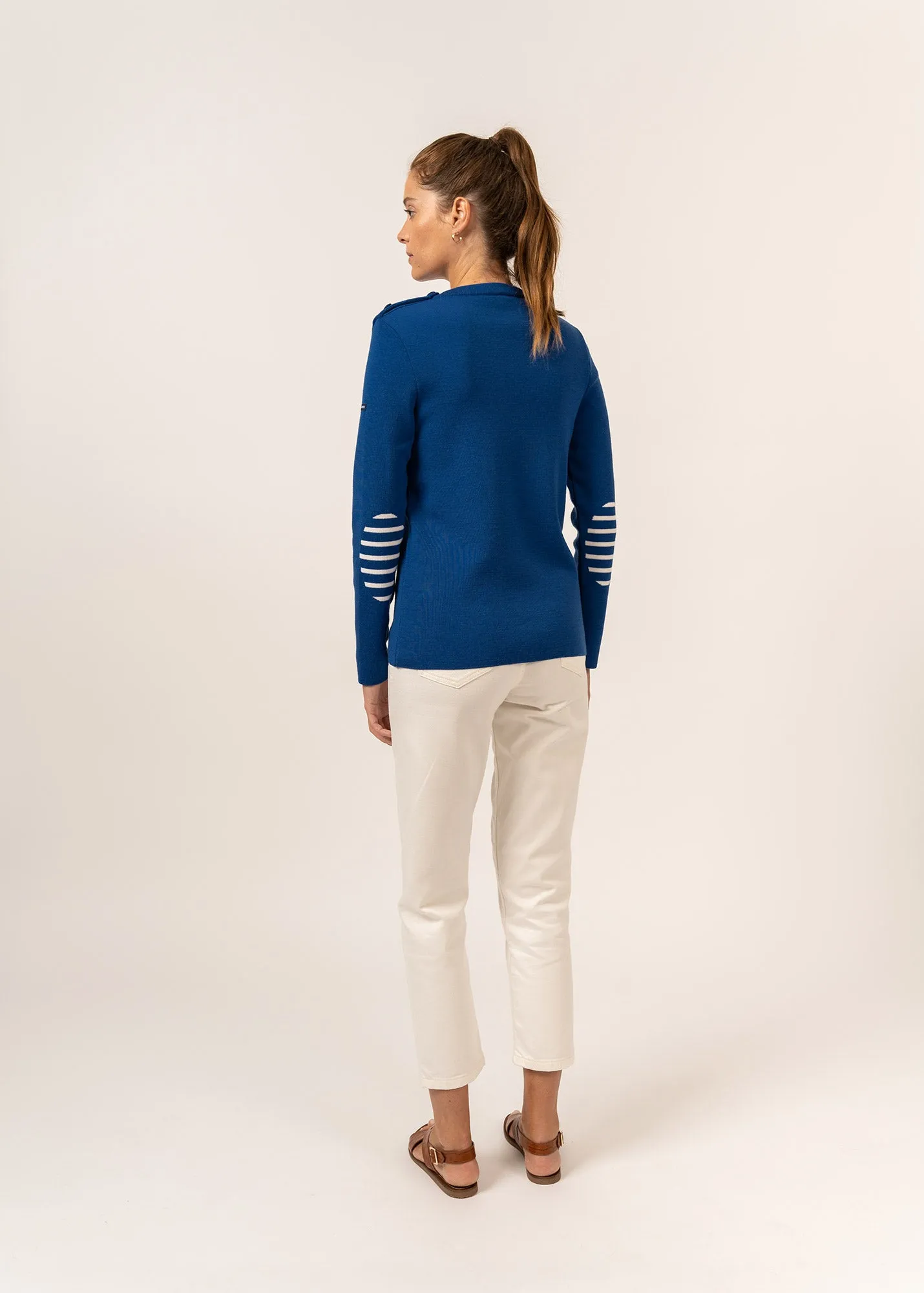 Bregançon plain sailor jumper - striped elbow patches, in wool (GITANE)