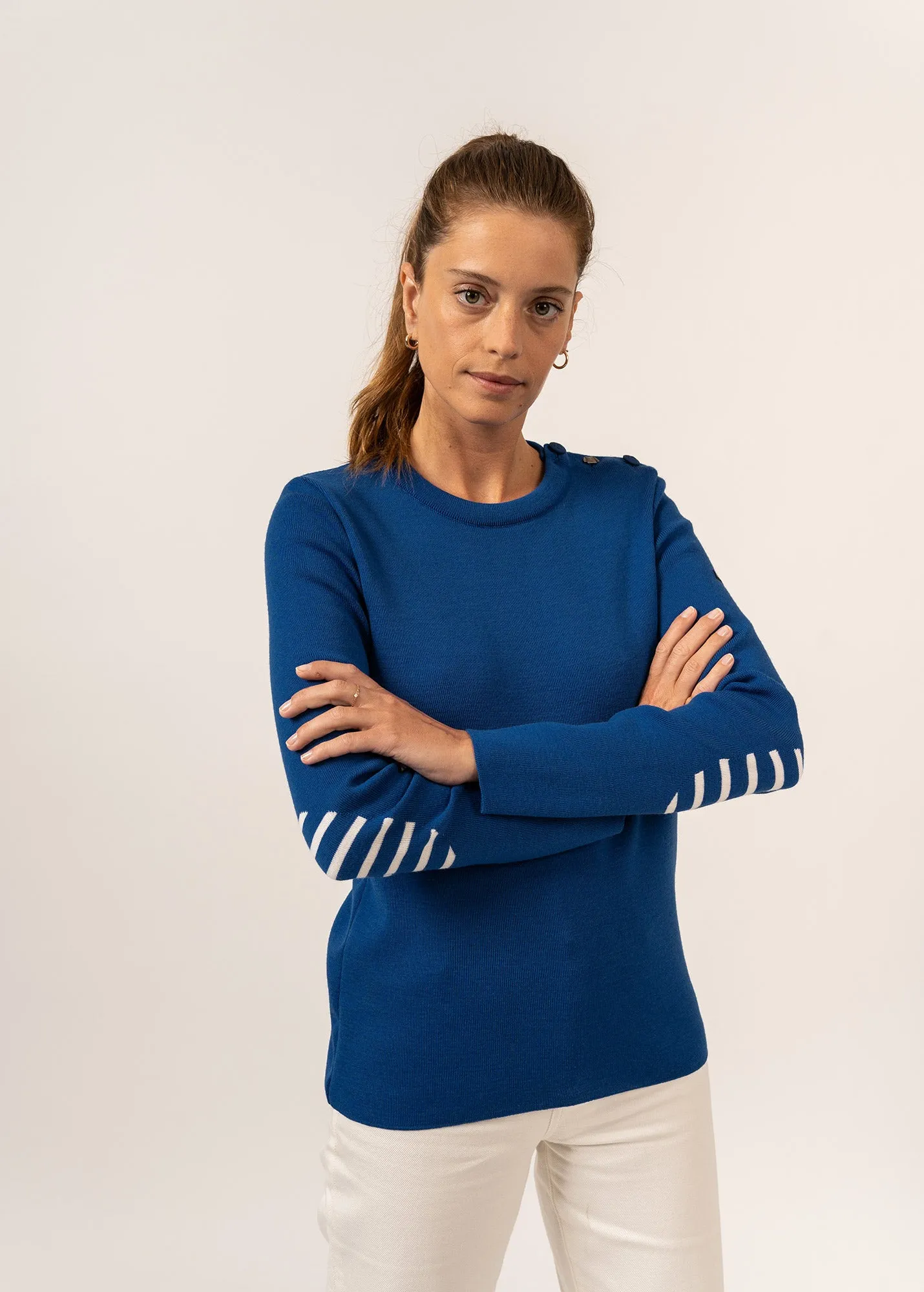 Bregançon plain sailor jumper - striped elbow patches, in wool (GITANE)