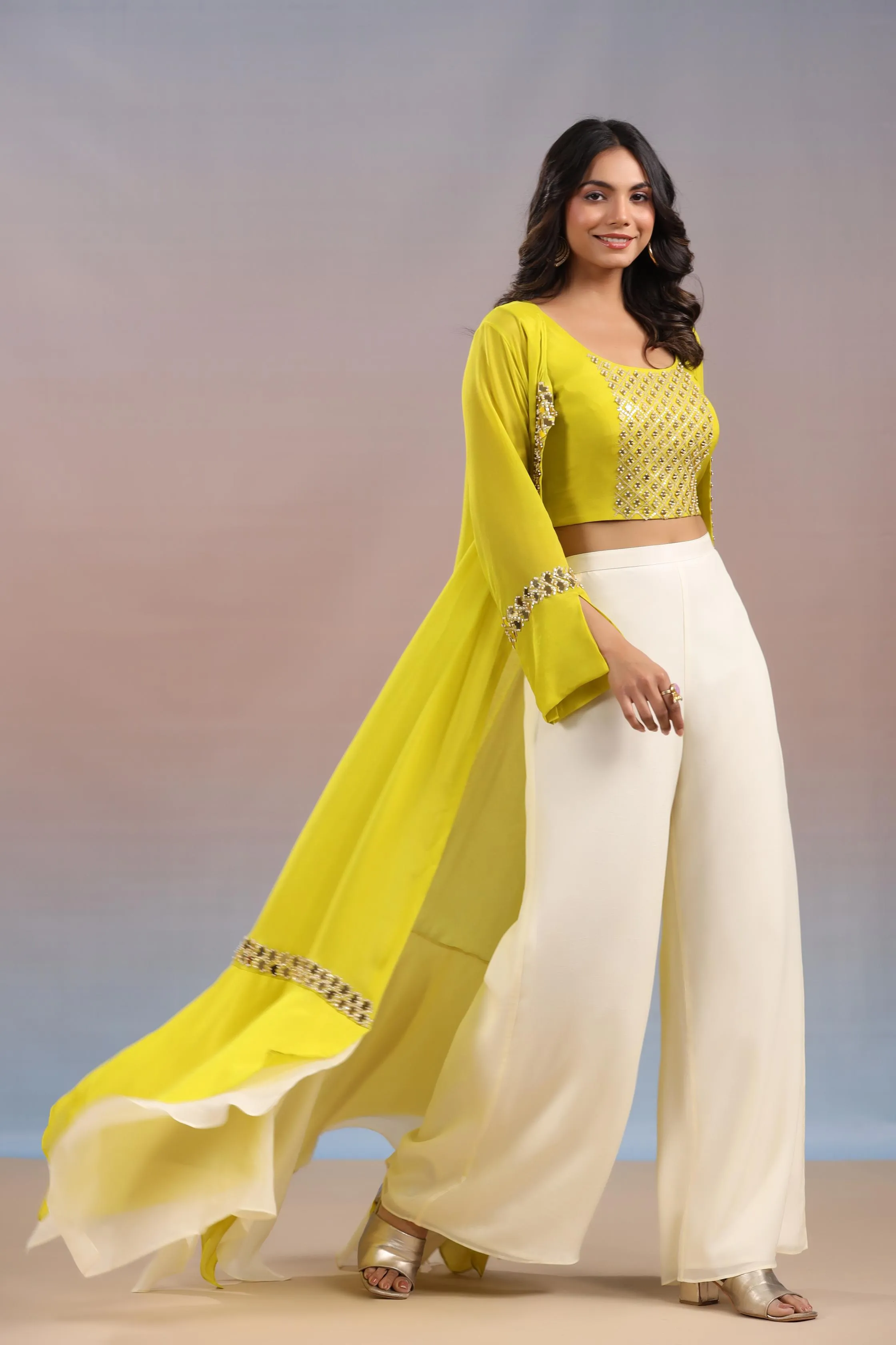 Bright Yellow Embellished Swiss Georgette Silk Cape Set