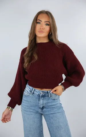 Burgundy Cropped Knit Baggy Jumper