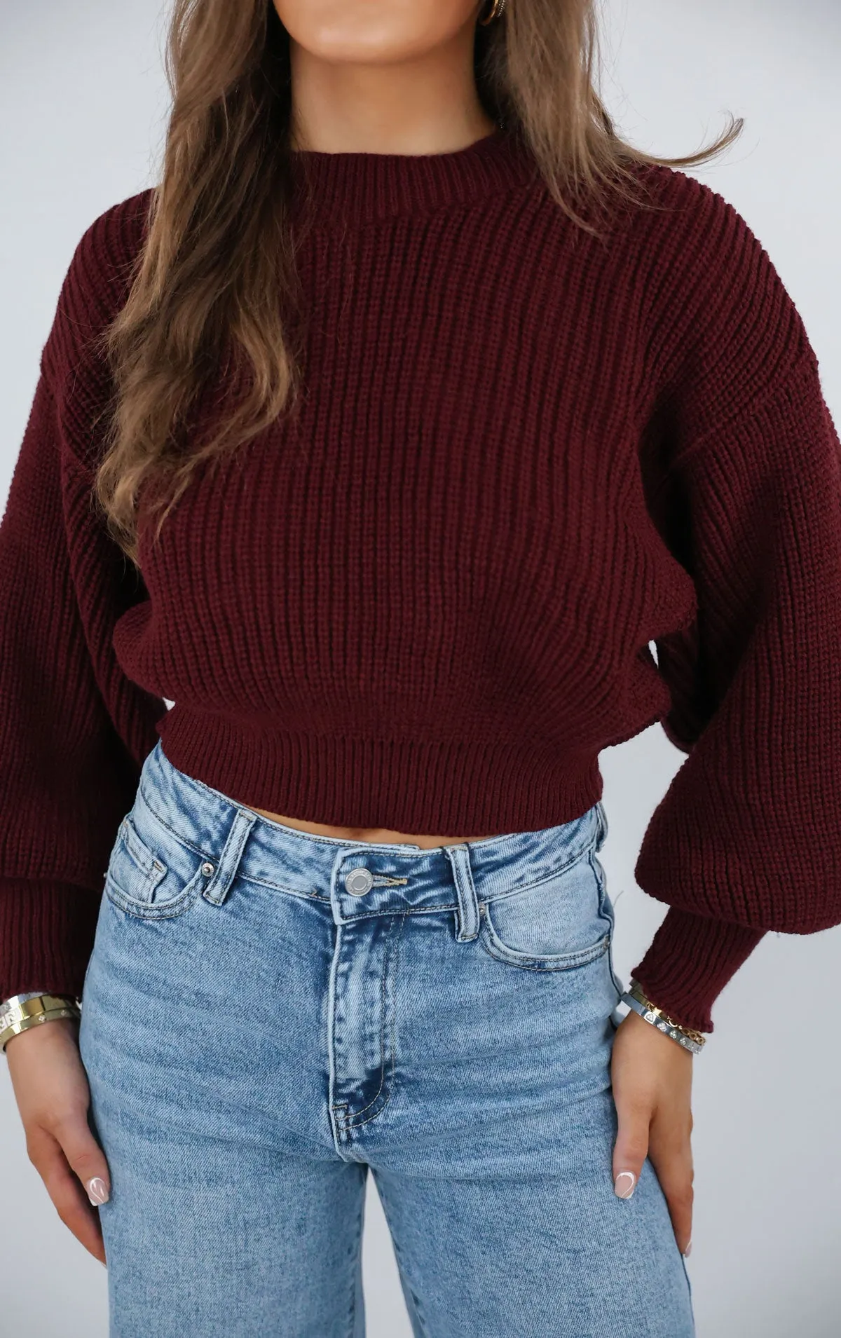 Burgundy Cropped Knit Baggy Jumper