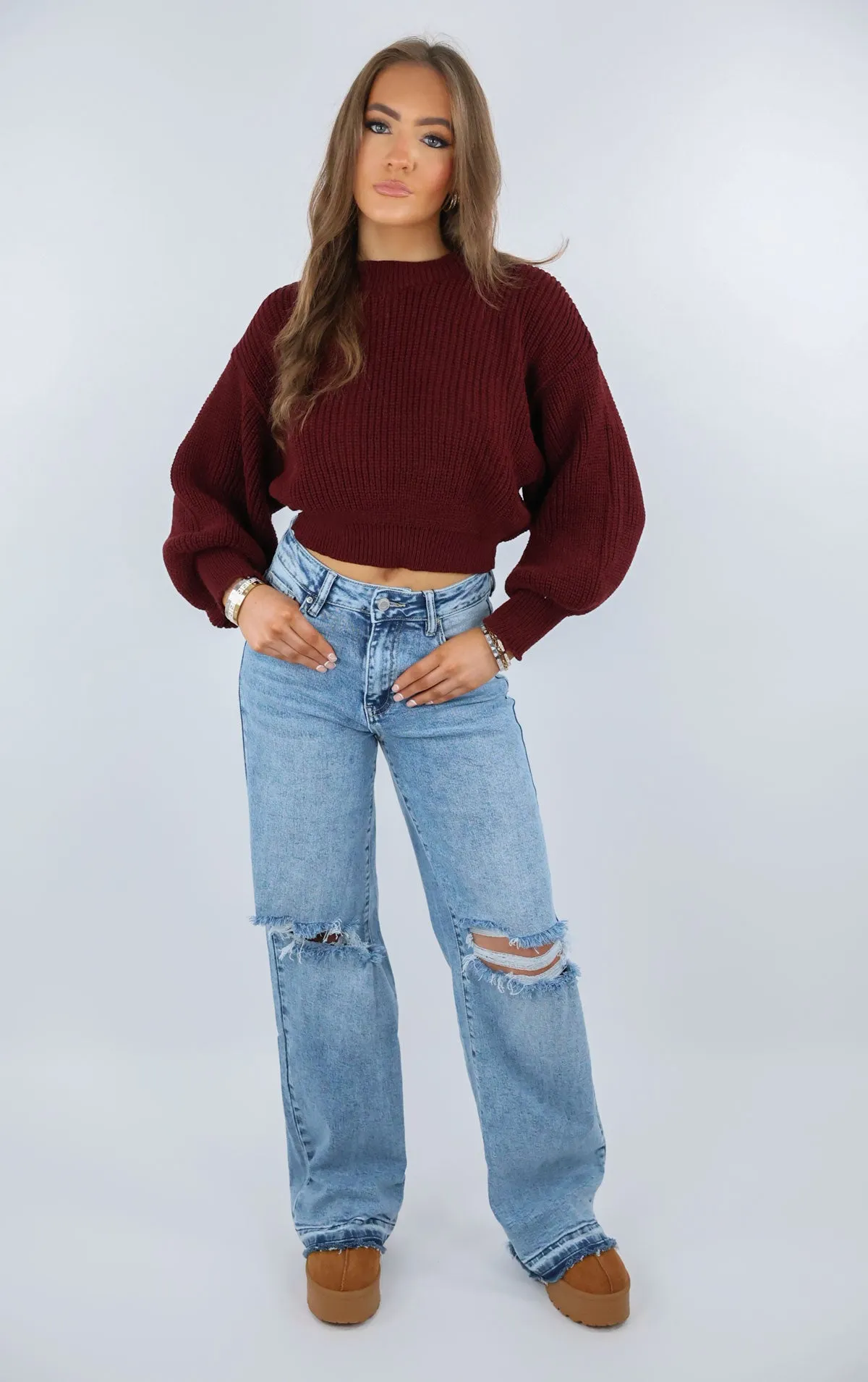 Burgundy Cropped Knit Baggy Jumper