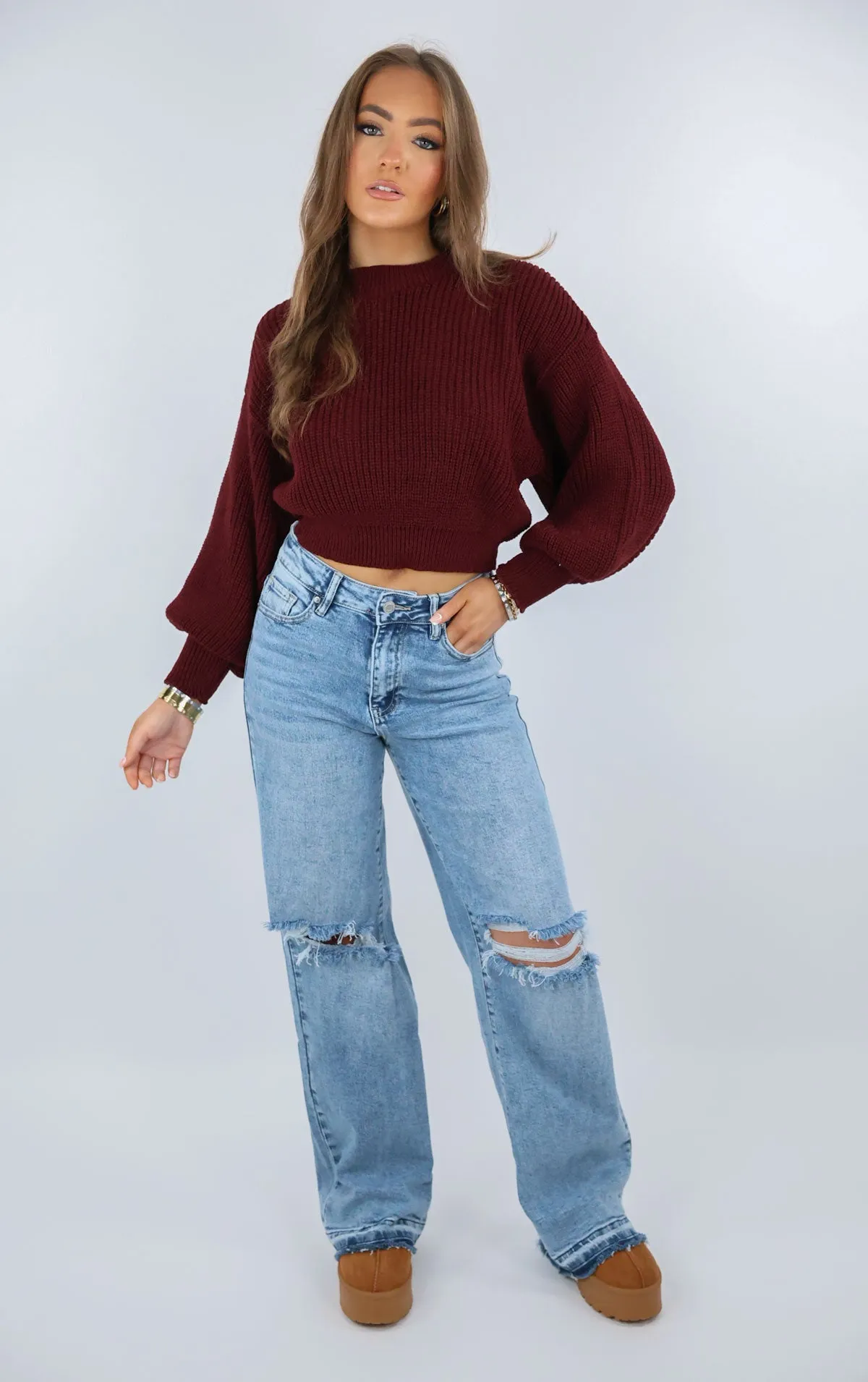 Burgundy Cropped Knit Baggy Jumper