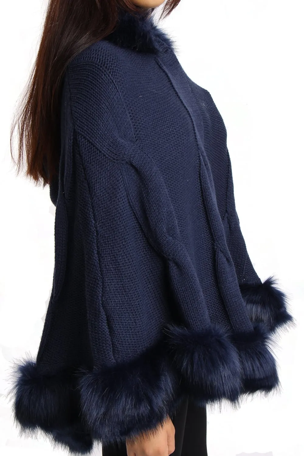 Cable Knitted Hooded Fur Trim Poncho Cape