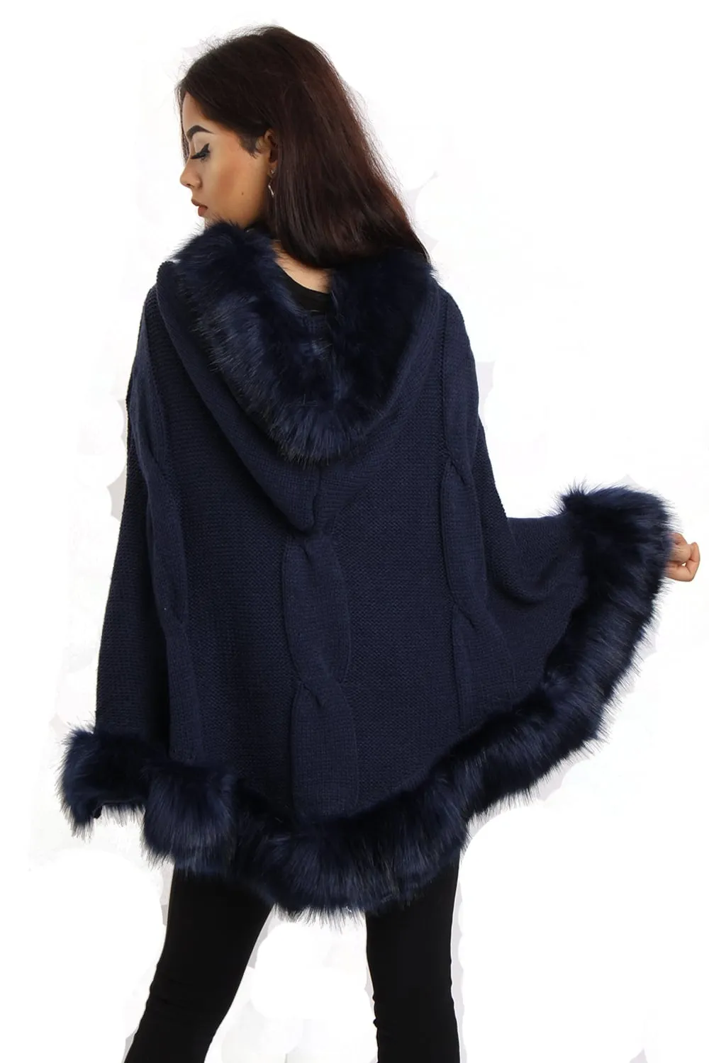 Cable Knitted Hooded Fur Trim Poncho Cape