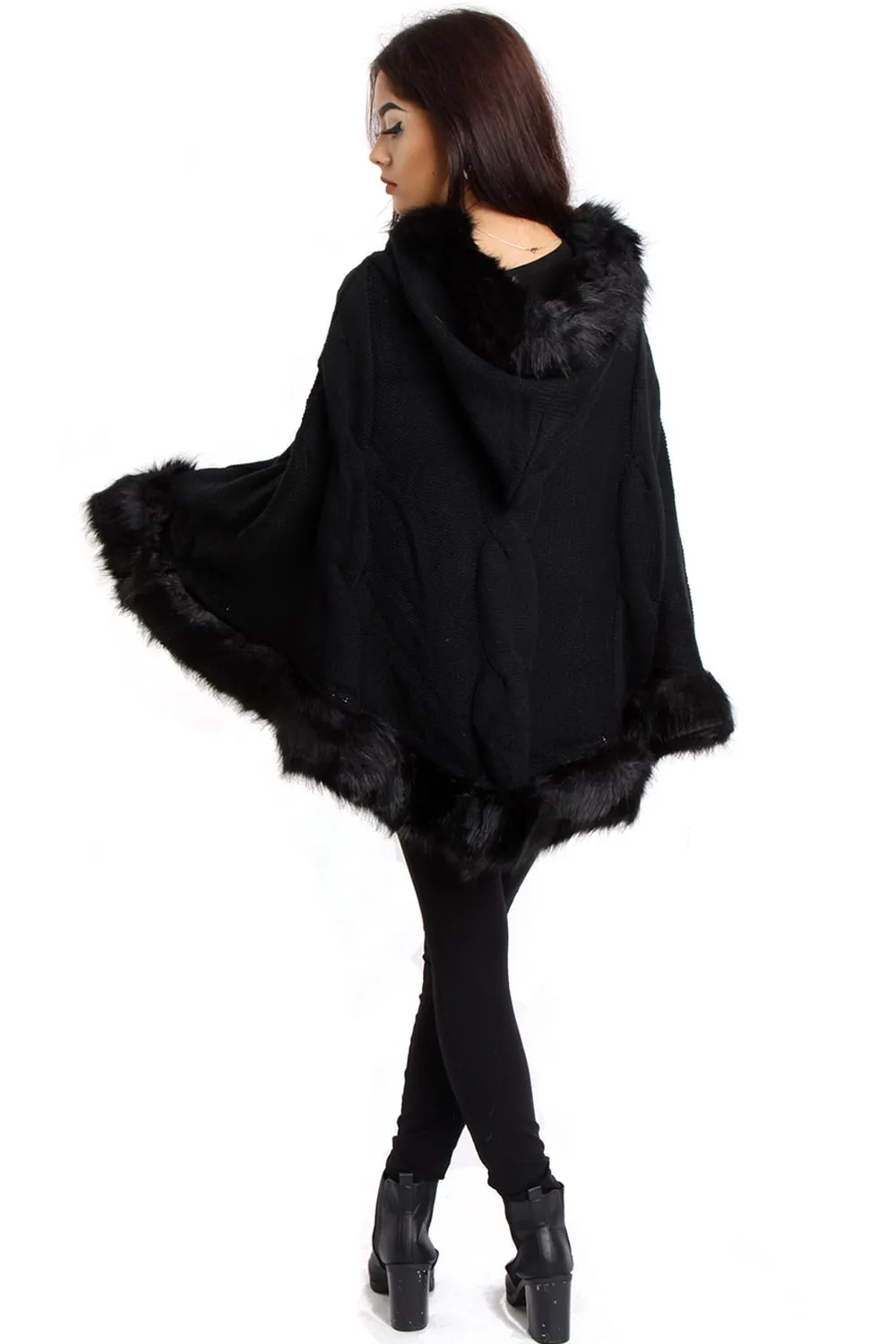 Cable Knitted Hooded Fur Trim Poncho Cape