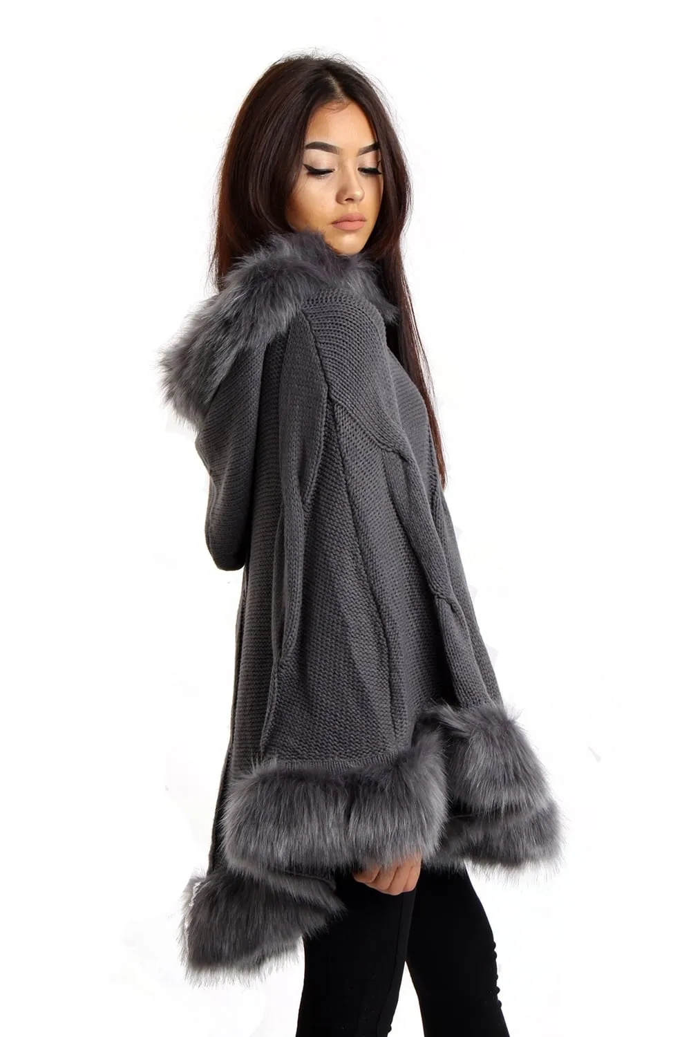 Cable Knitted Hooded Fur Trim Poncho Cape