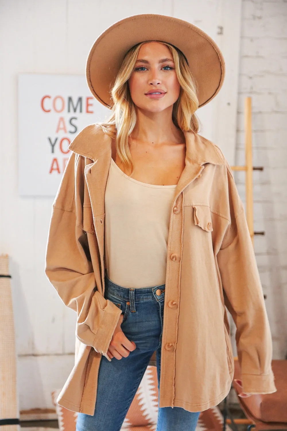 Camel Terry Button Down Oversized Shirt Shacket