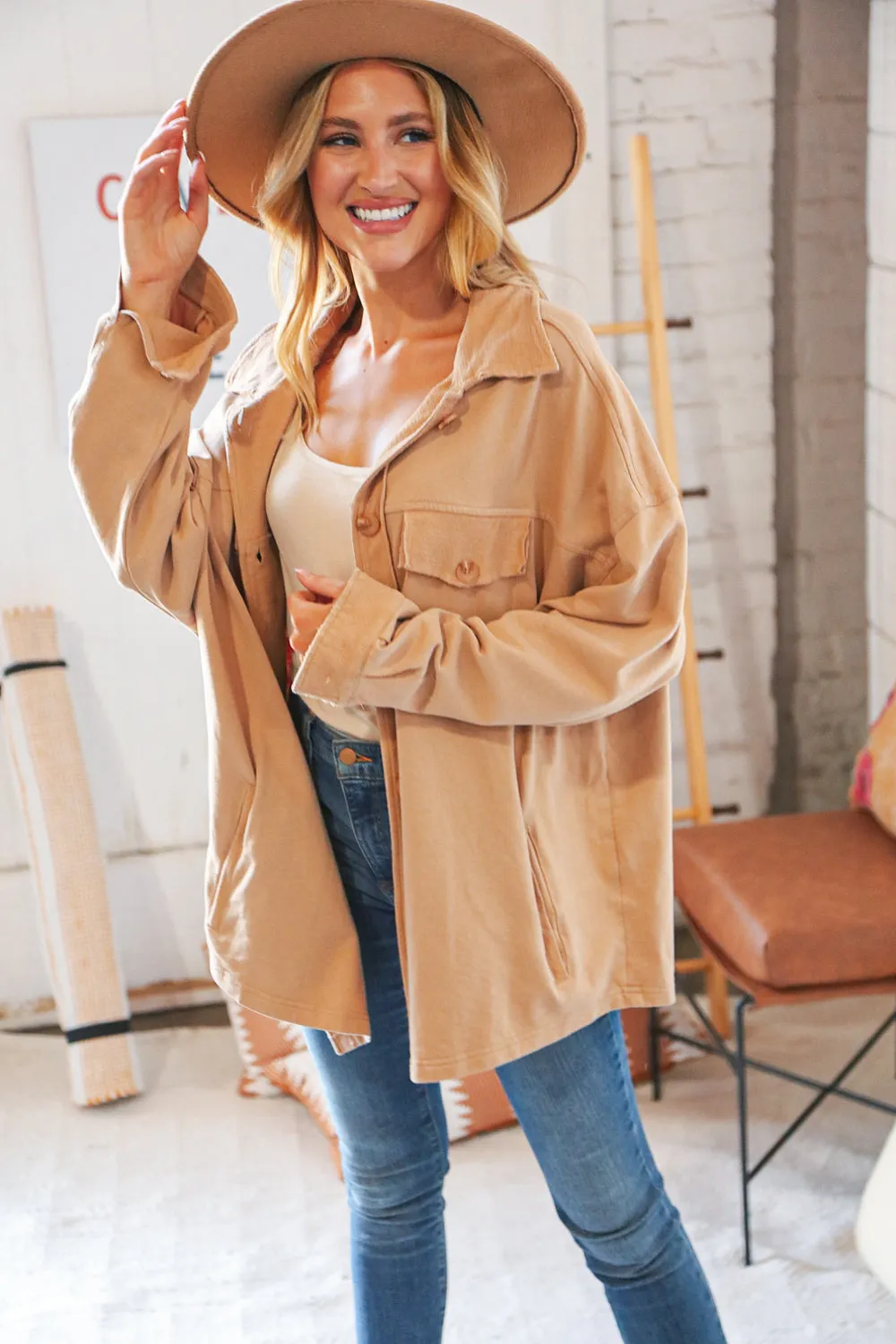 Camel Terry Button Down Oversized Shirt Shacket