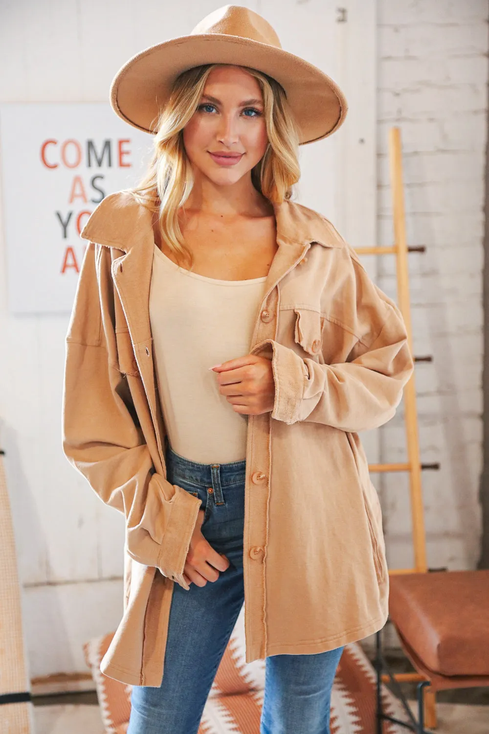 Camel Terry Button Down Oversized Shirt Shacket