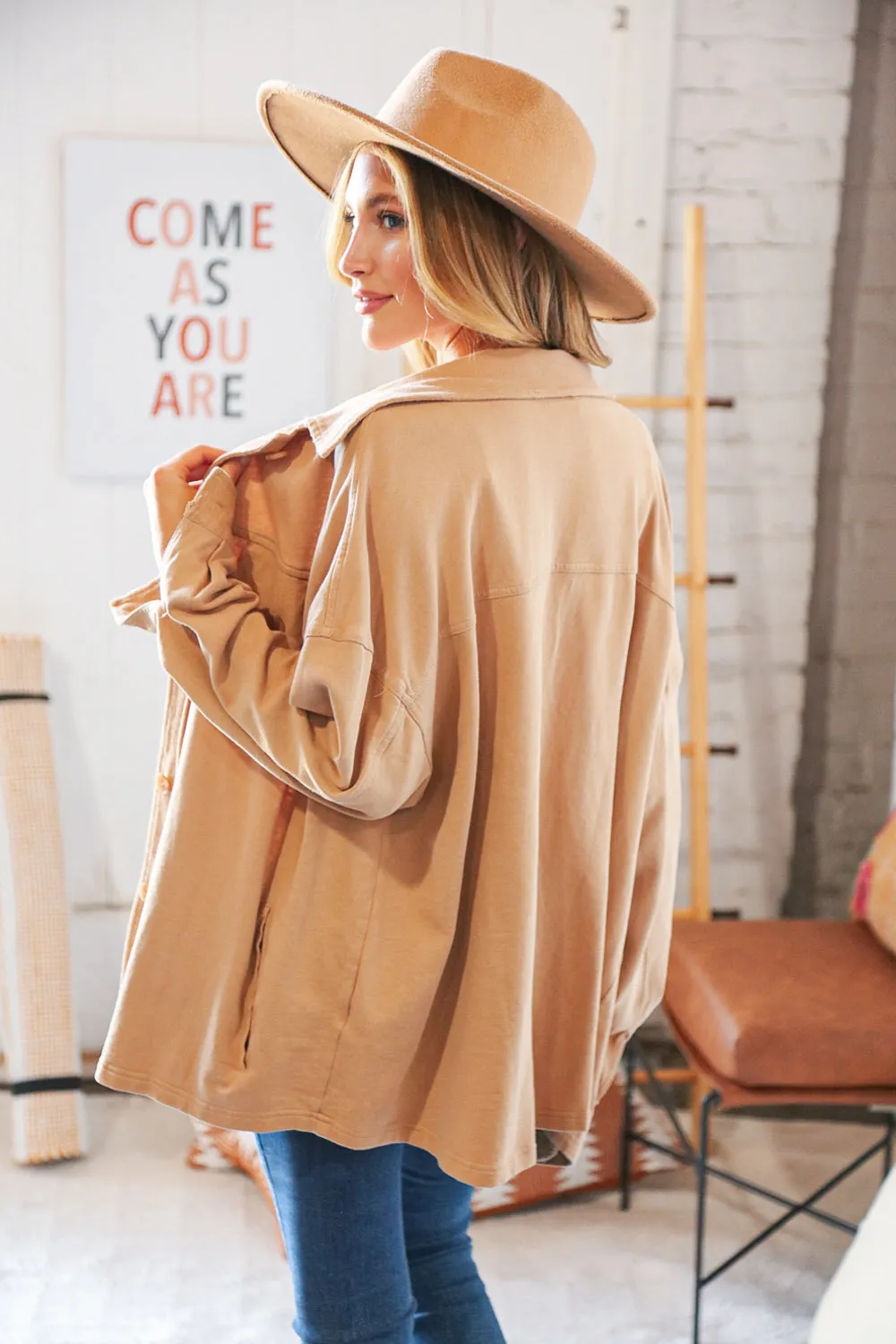 Camel Terry Button Down Oversized Shirt Shacket