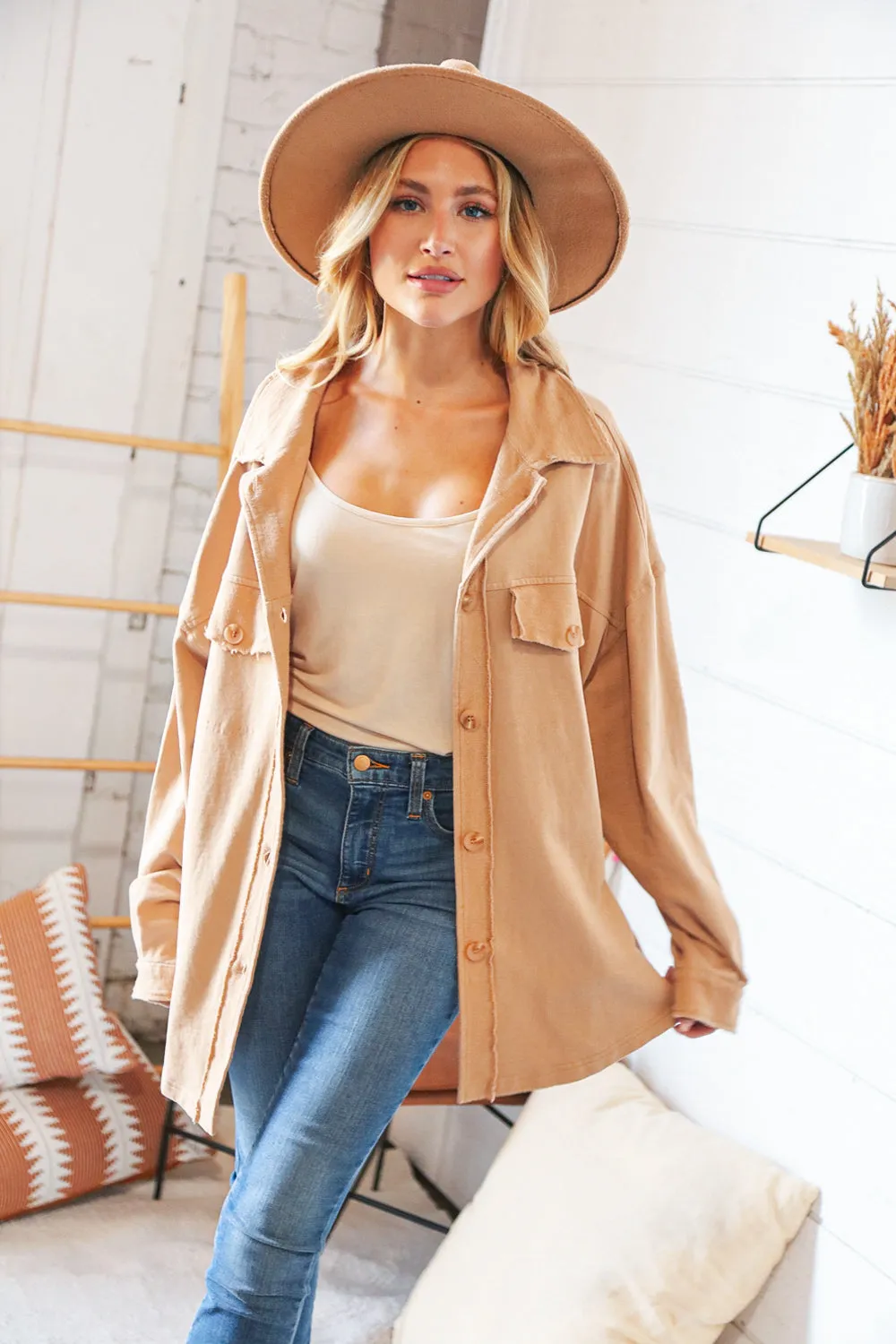 Camel Terry Button Down Oversized Shirt Shacket