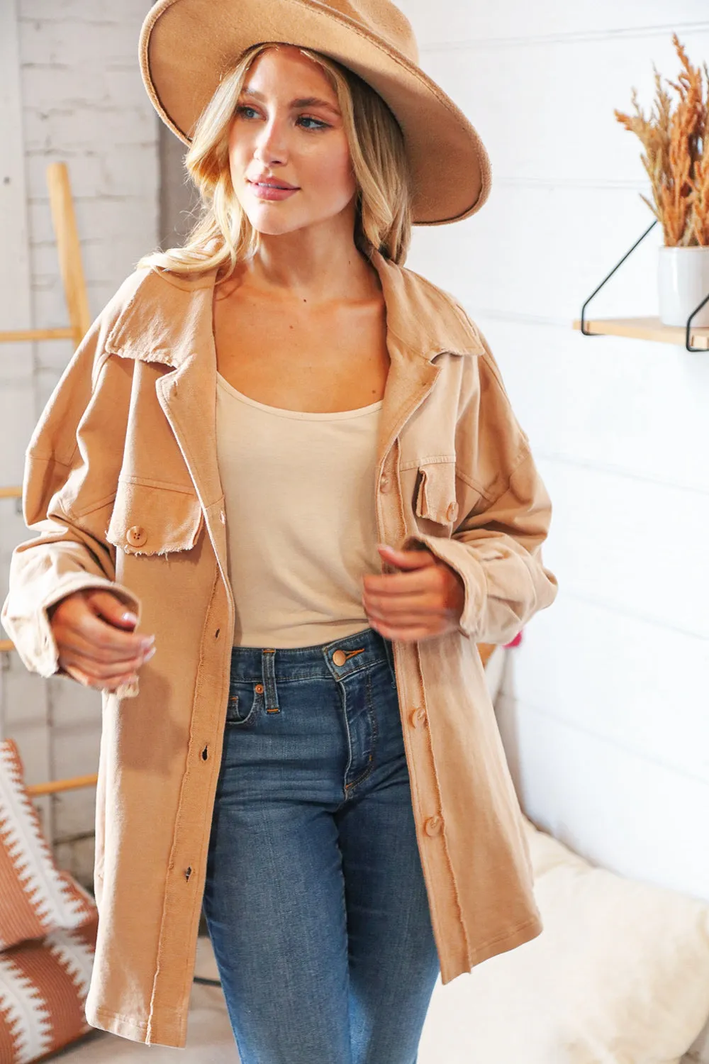 Camel Terry Button Down Oversized Shirt Shacket