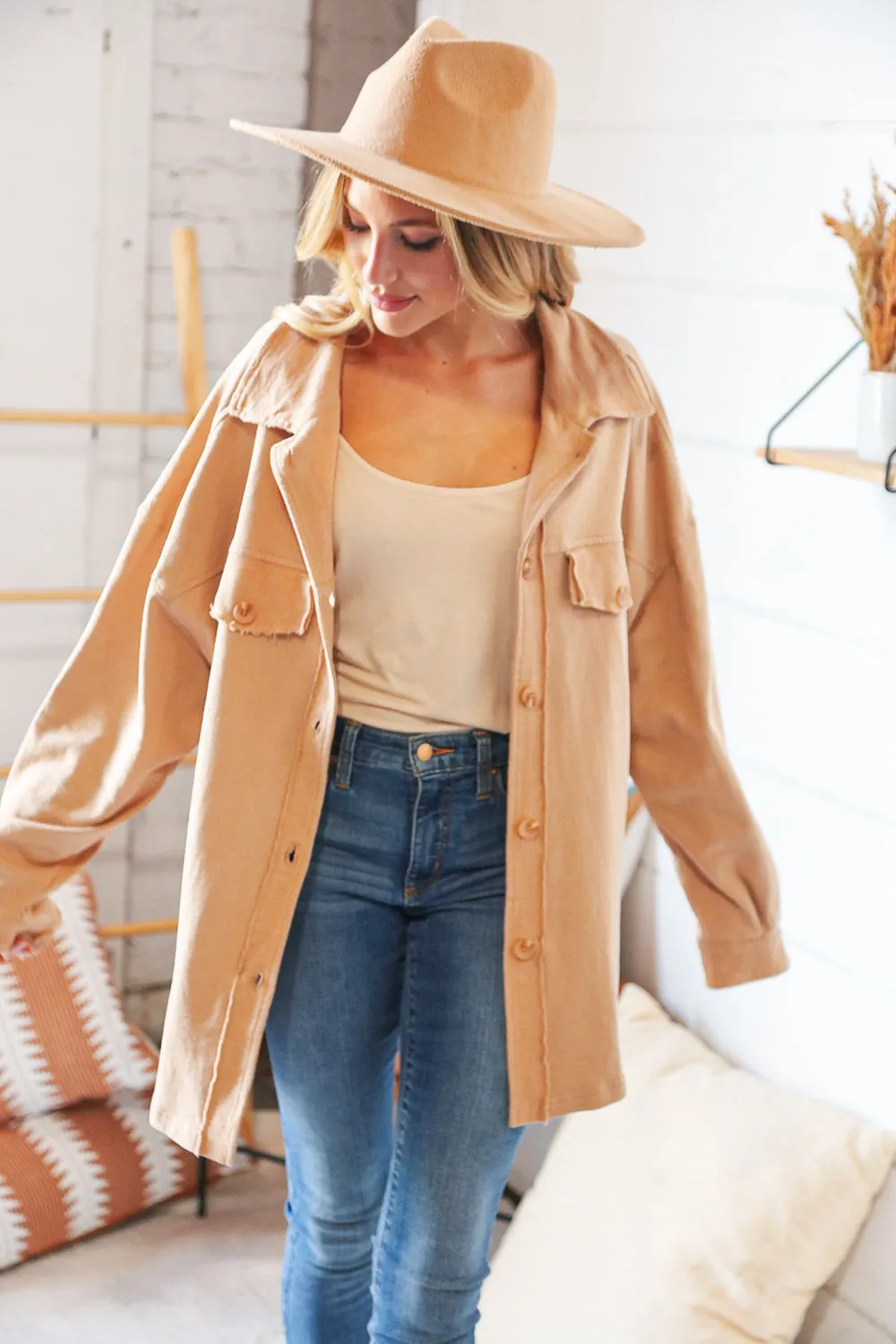 Camel Terry Button Down Oversized Shirt Shacket