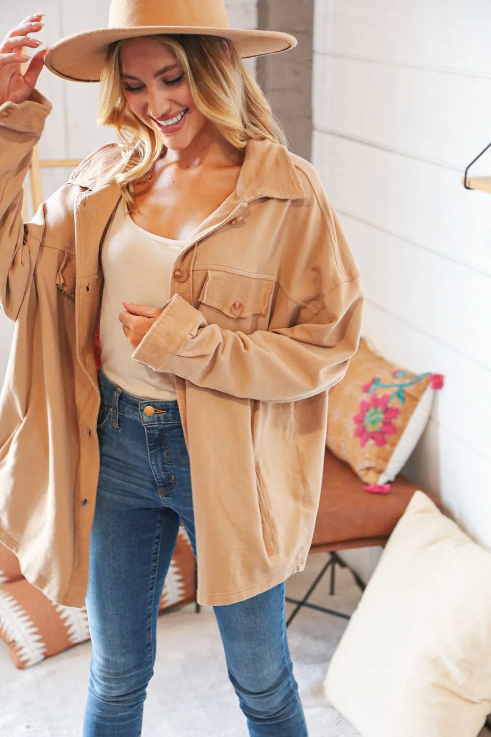 Camel Terry Button Down Oversized Shirt Shacket