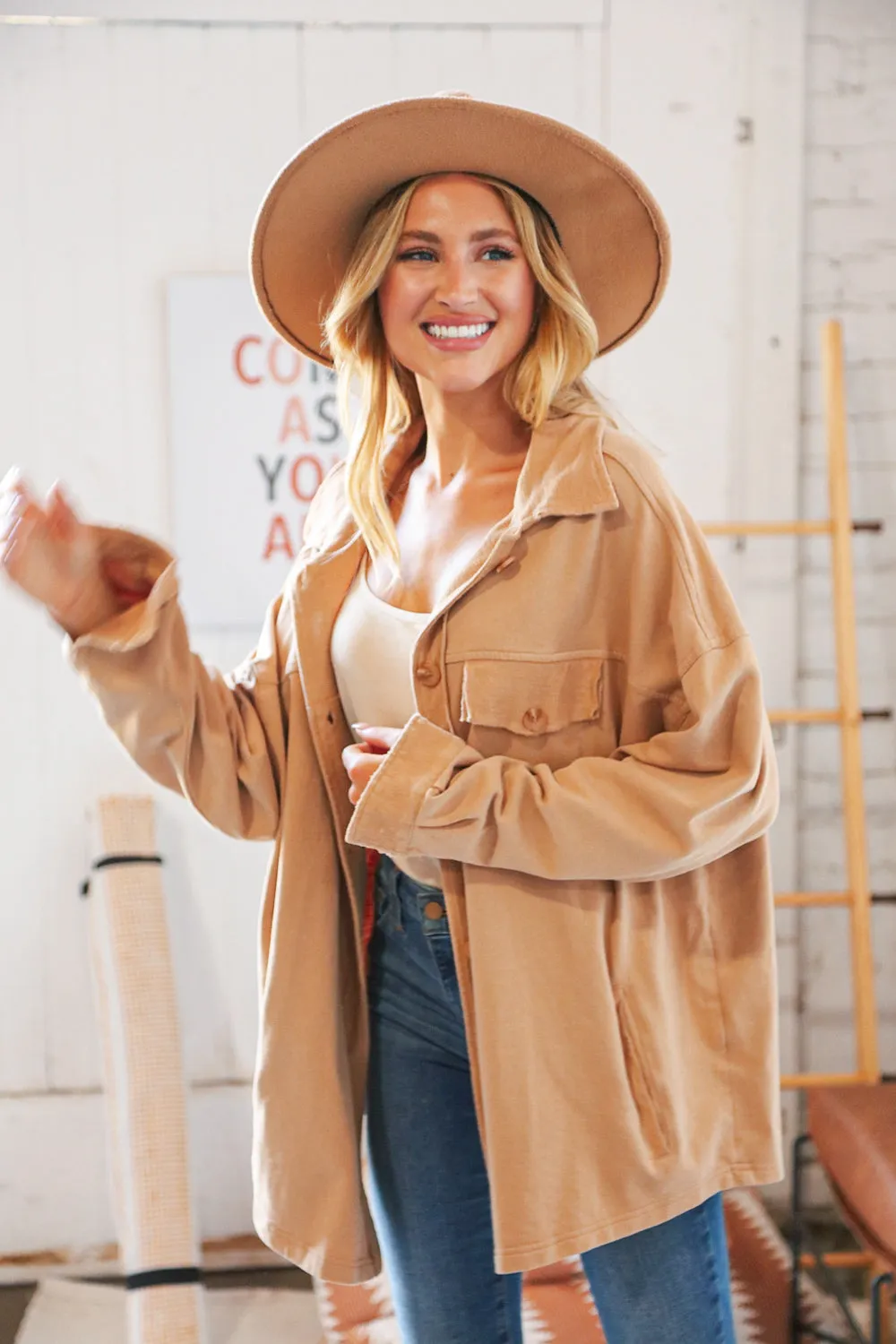 Camel Terry Button Down Oversized Shirt Shacket