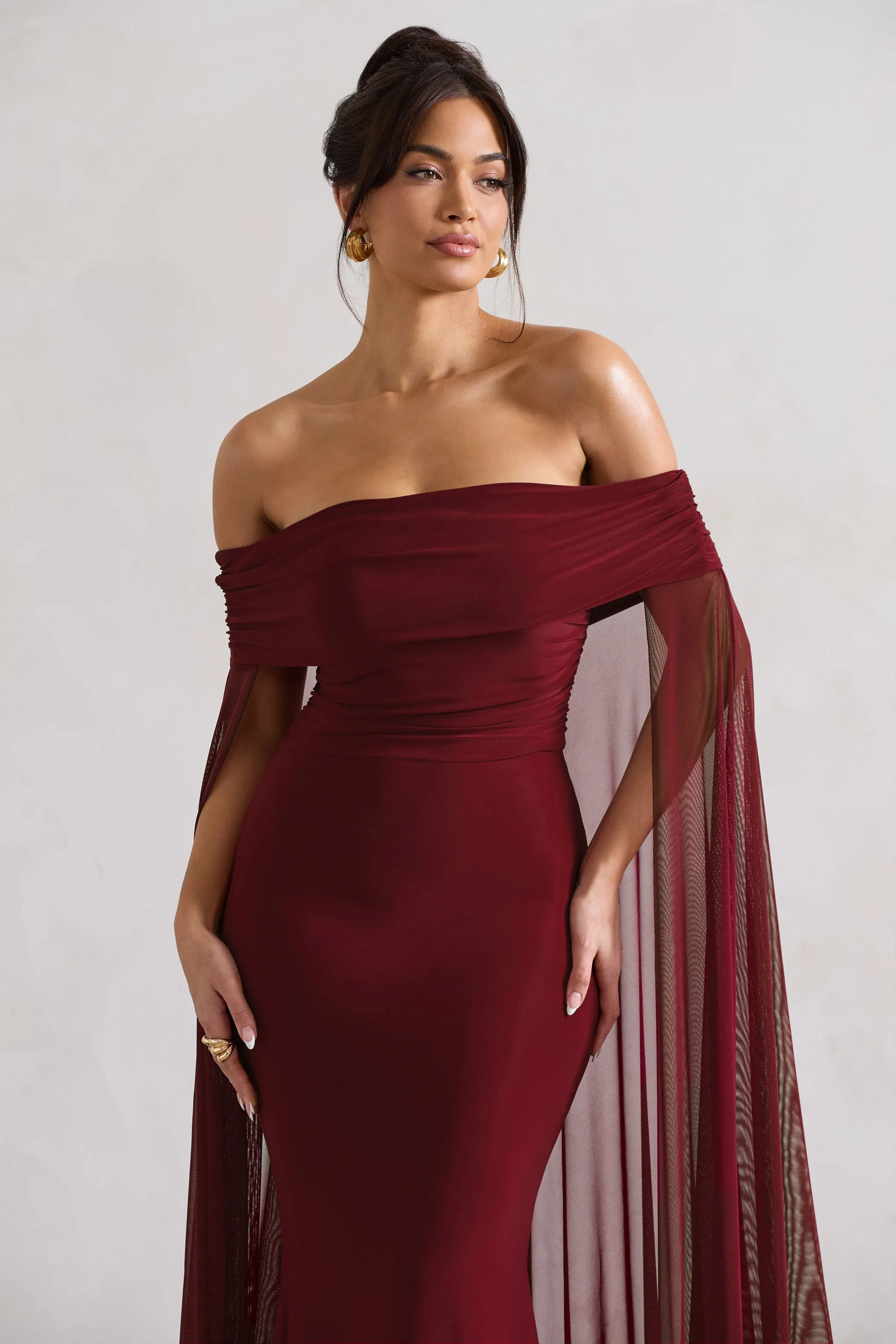 Carlotta | Berry Bardot Maxi Dress With Chiffon Cape