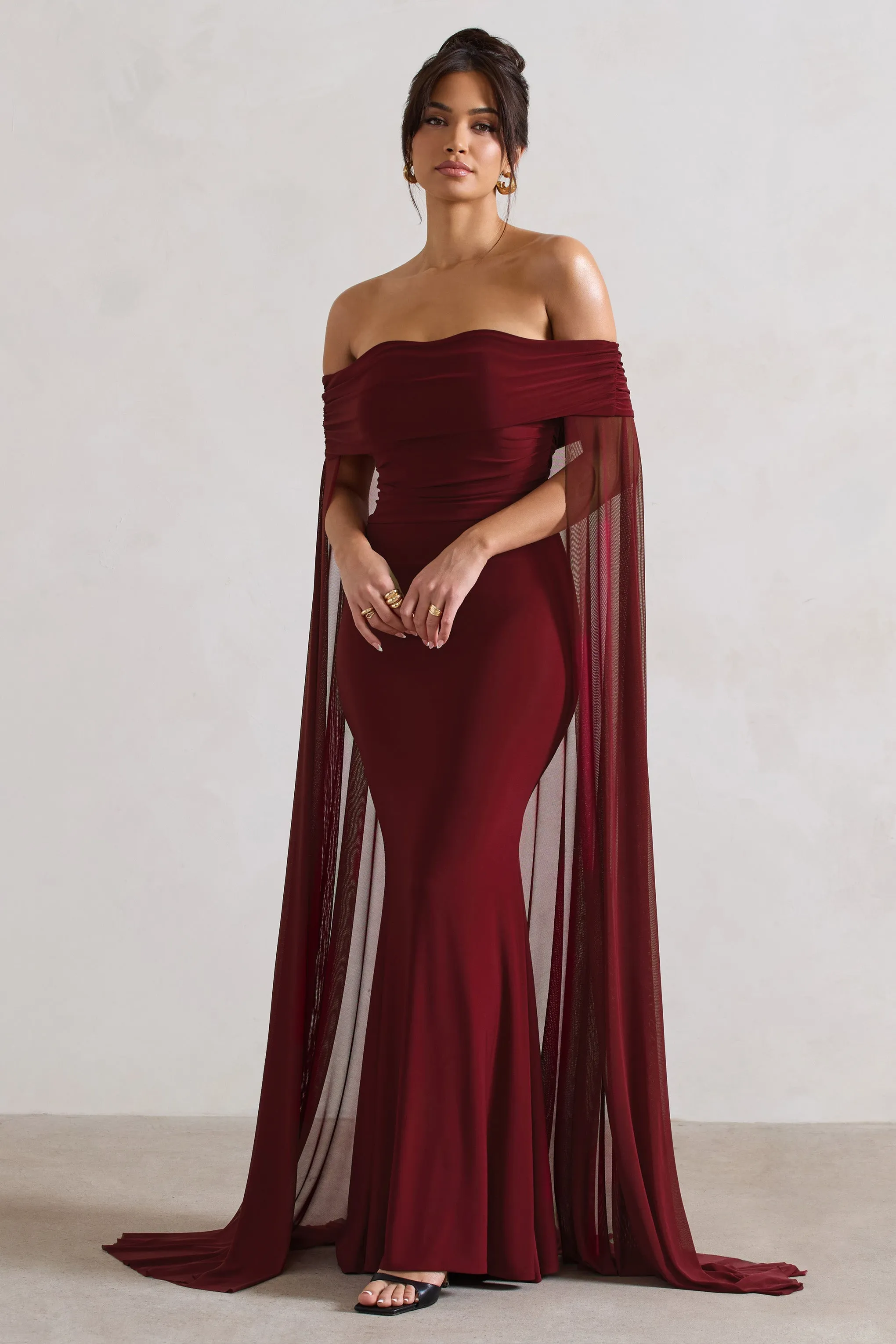 Carlotta | Berry Bardot Maxi Dress With Chiffon Cape