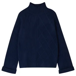 Cashmere Wool Aran Rib Turtle in Navy