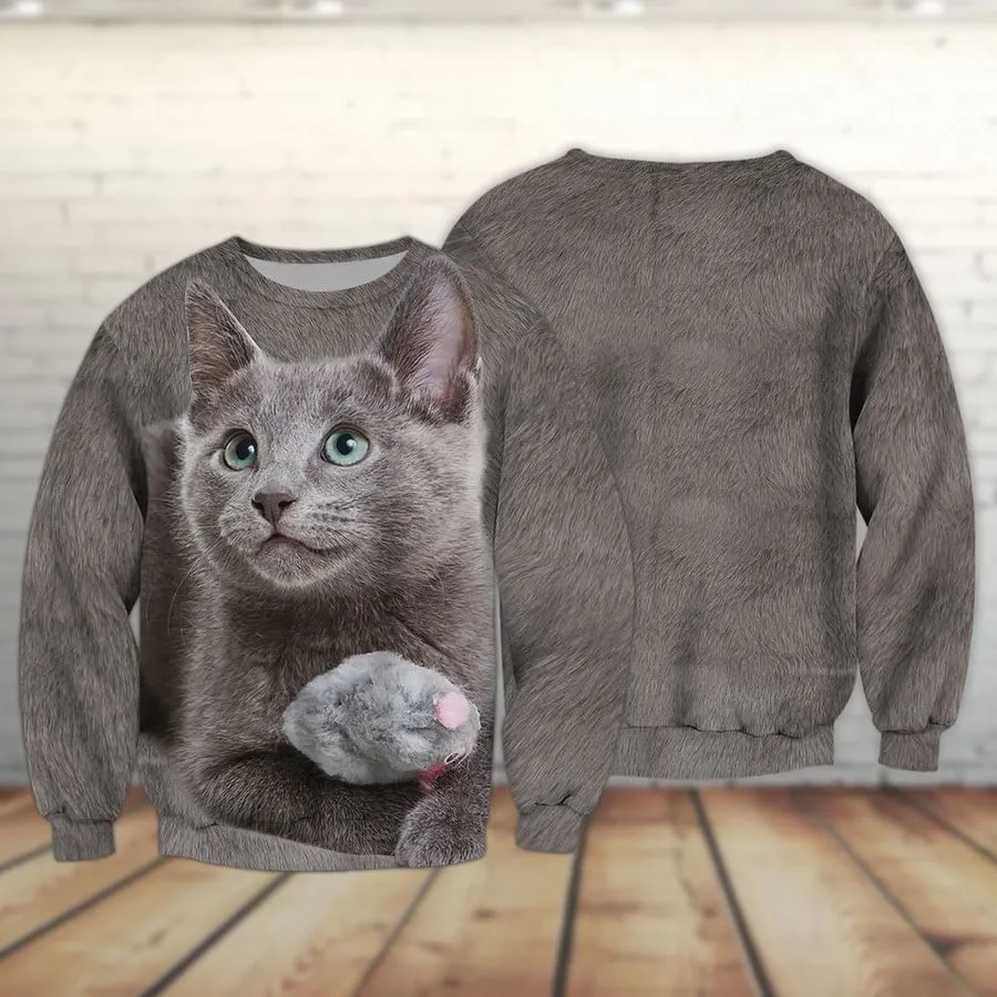 Cats Russian Blue Cute Full Pattern 3D Sweatshirt, Christmas Shirt for Cat Lovers