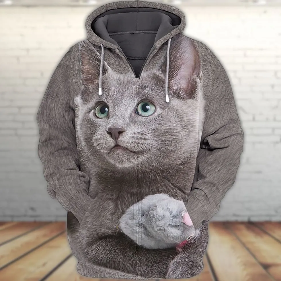 Cats Russian Blue Cute Full Pattern 3D Sweatshirt, Christmas Shirt for Cat Lovers