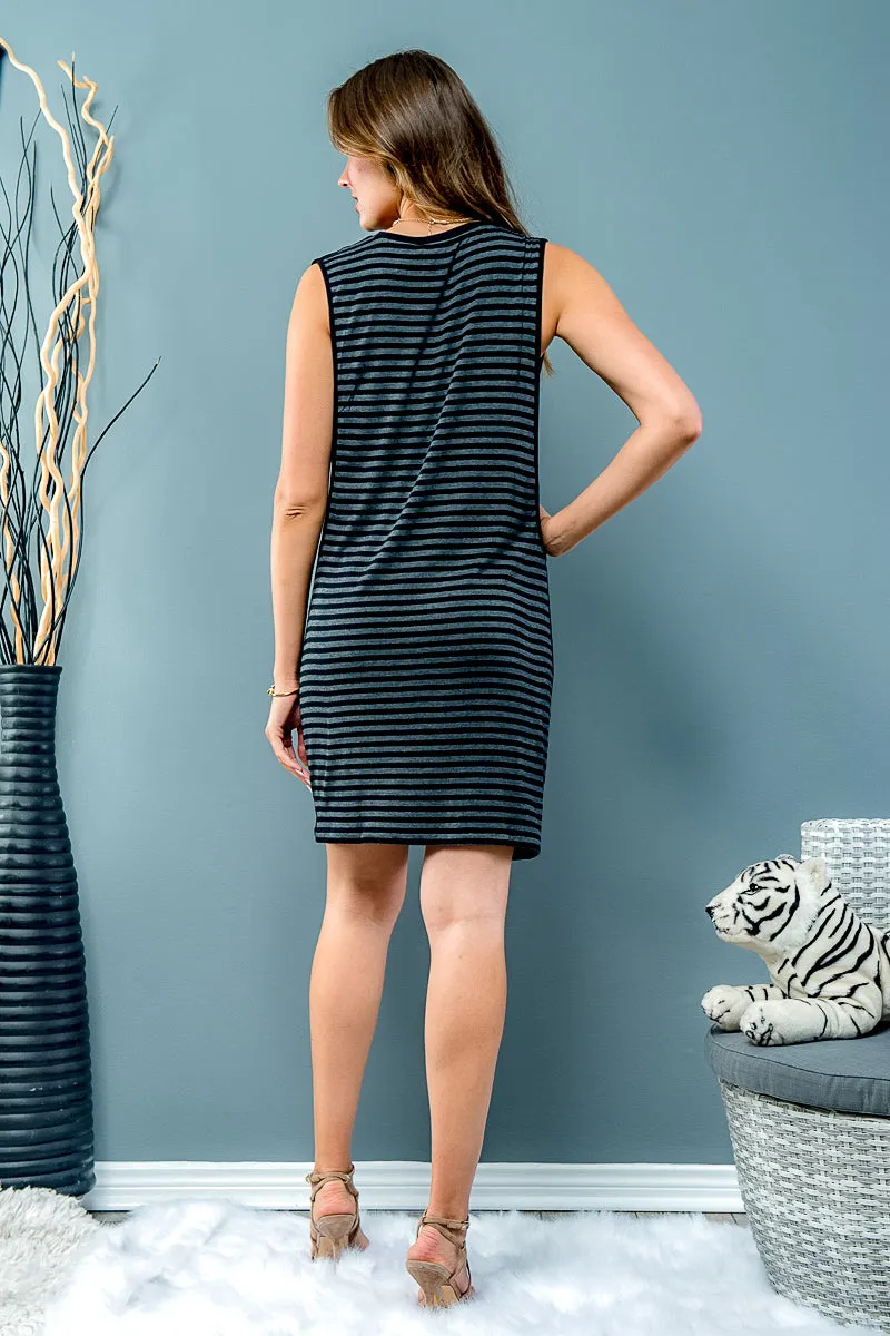 Charcoal Stripe Lining Sleeveless Round Neck Dress (13765)