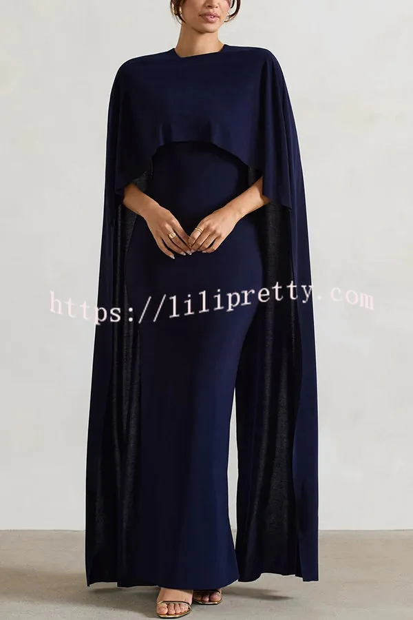 Charming Look Crew Neck Cape Sleeve Stretch Maxi Dress