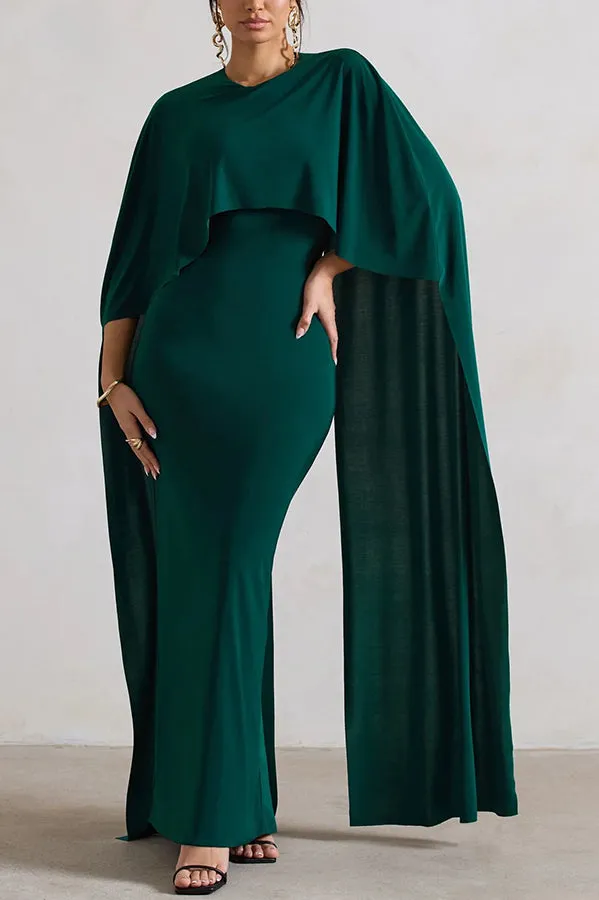 Charming Look Crew Neck Cape Sleeve Stretch Maxi Dress