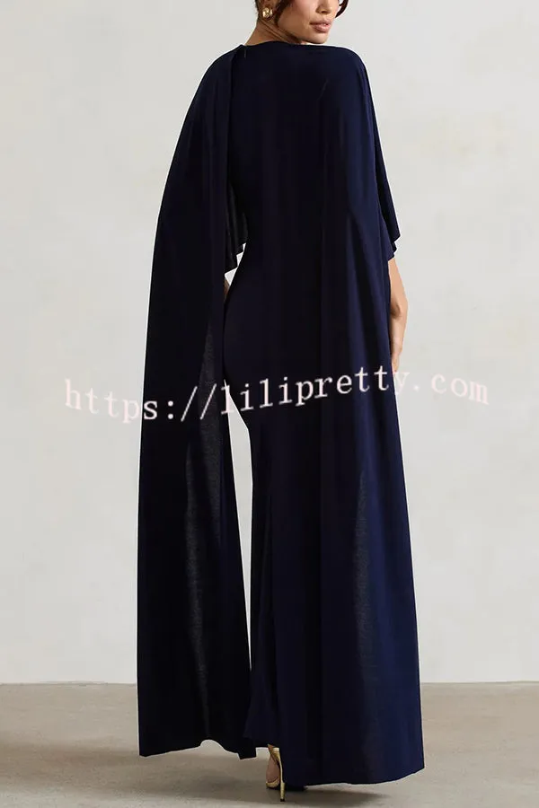 Charming Look Crew Neck Cape Sleeve Stretch Maxi Dress