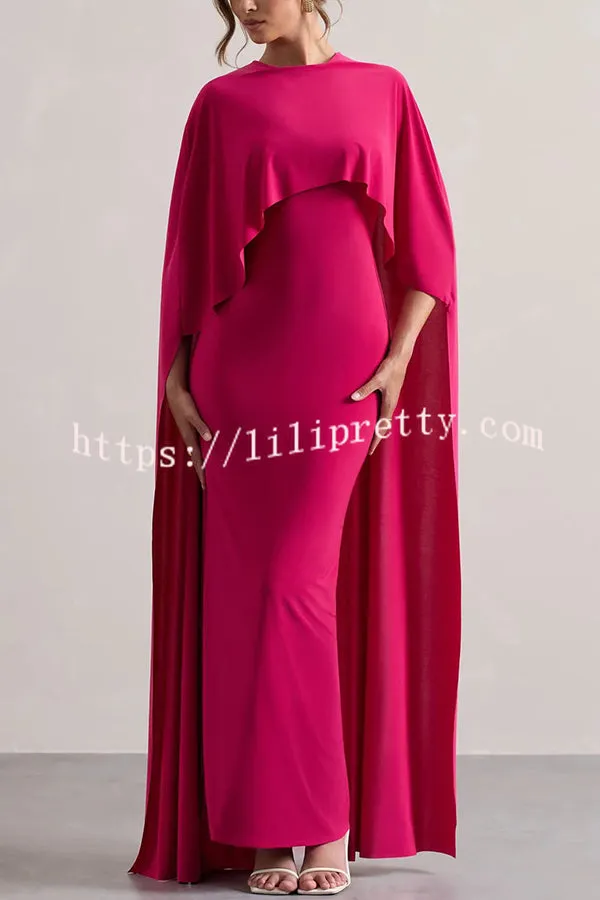 Charming Look Crew Neck Cape Sleeve Stretch Maxi Dress