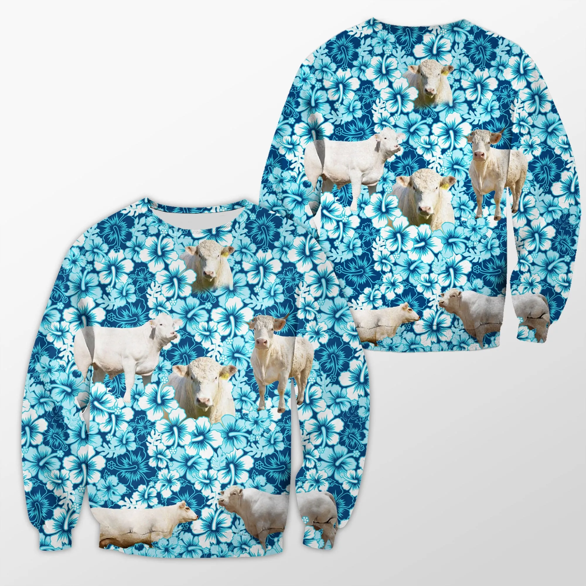 Charolais Blue Hibiscus 3D Crewneck Christmas Sweatshirt, Gift for Cow Lovers