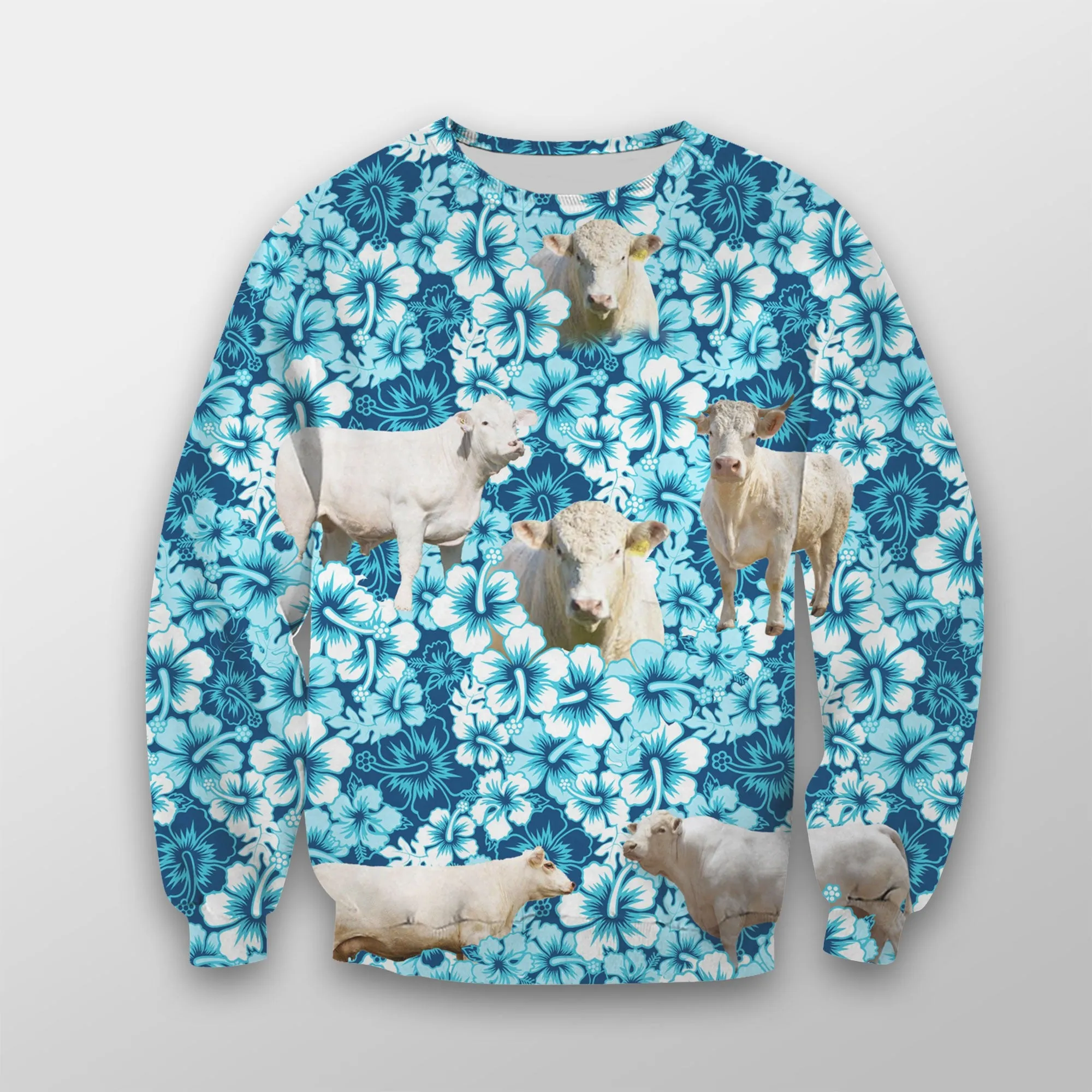 Charolais Blue Hibiscus 3D Crewneck Christmas Sweatshirt, Gift for Cow Lovers