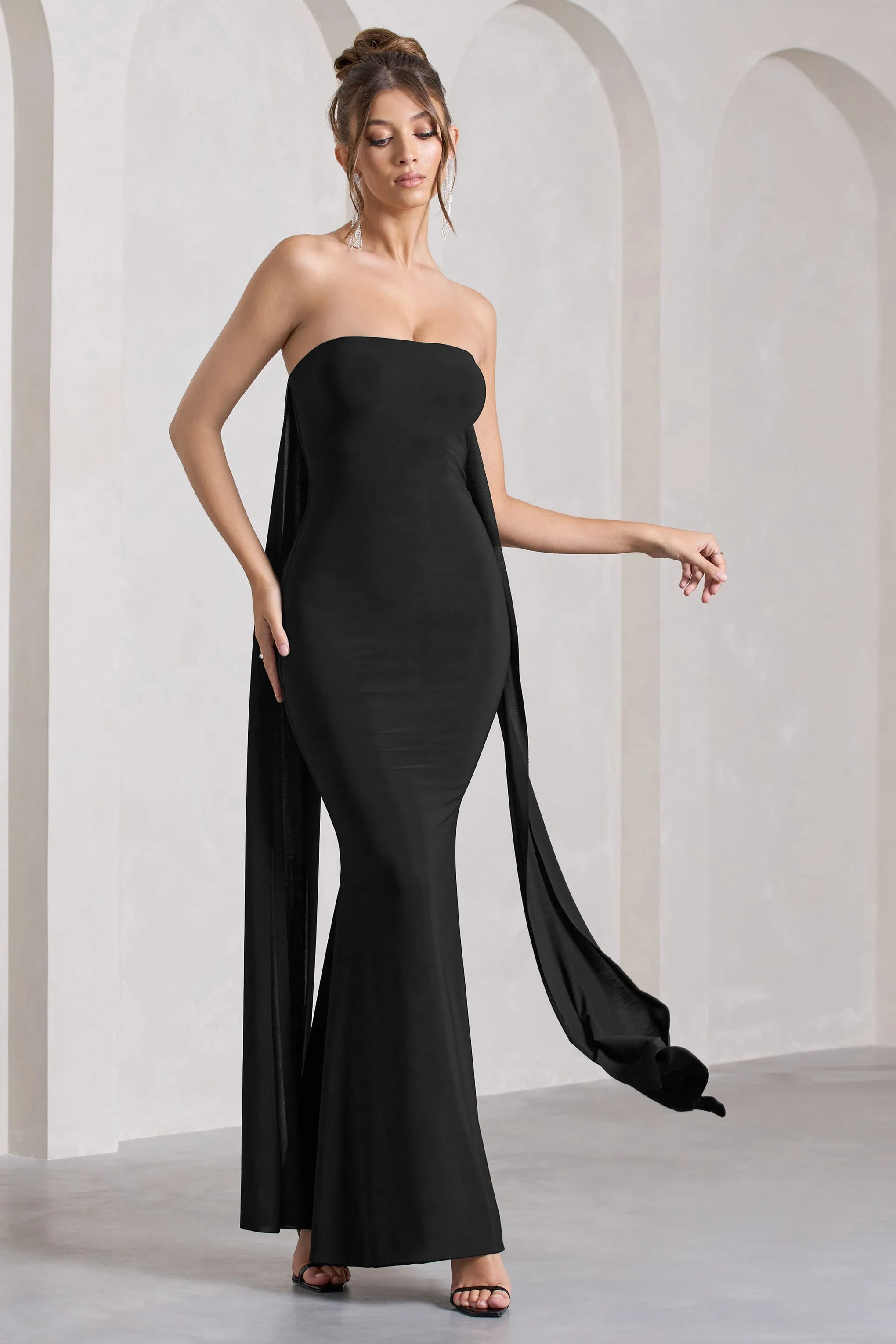 Christina | Black Bandeau Sleeveless Maxi Dress With Cape