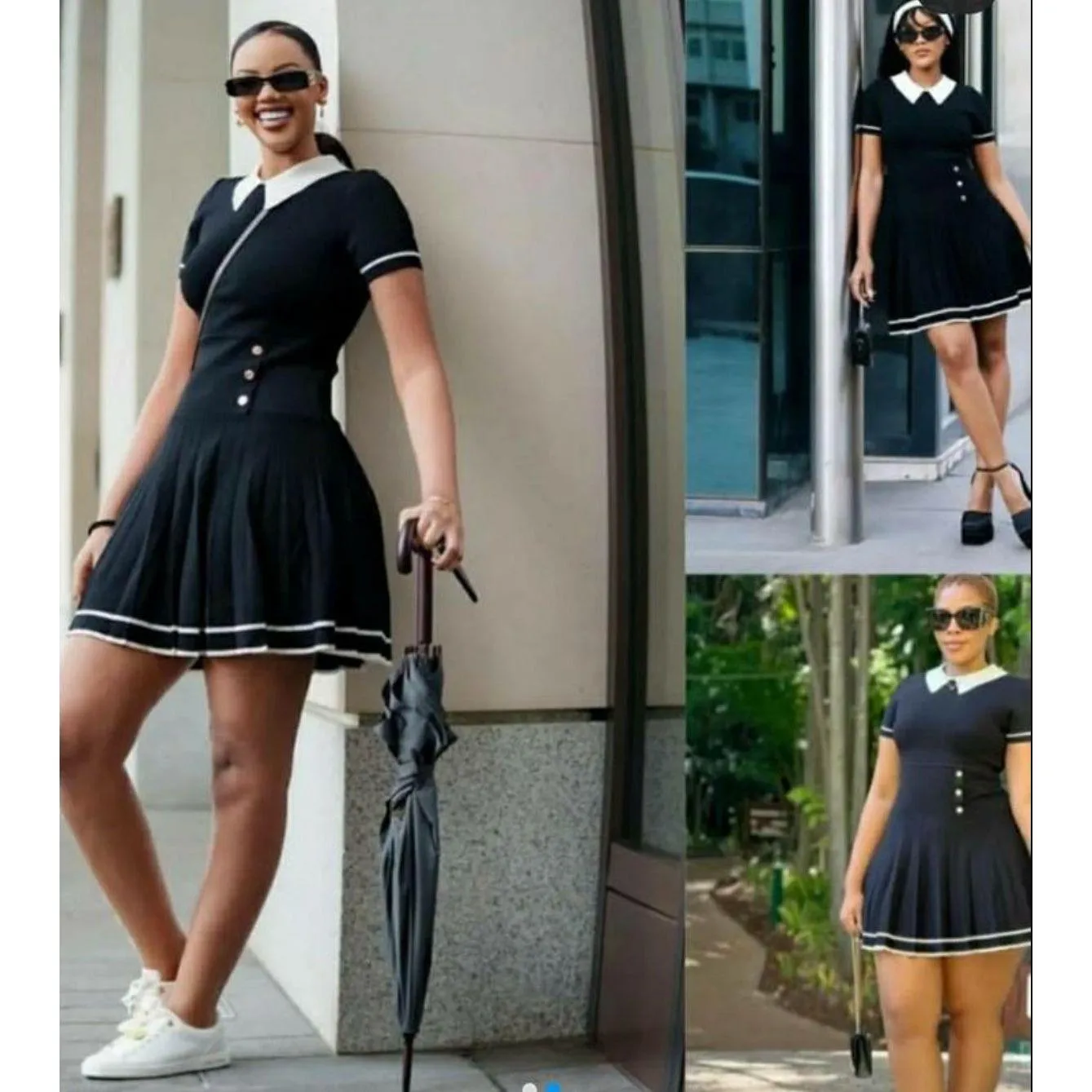 Collared Contrasting Pleated Knitted Mini Dress.