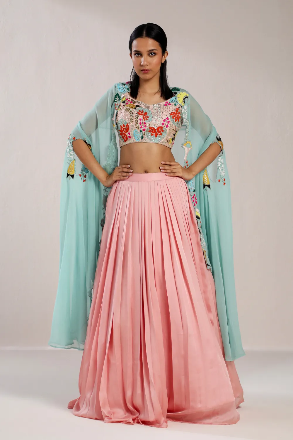 Color Riot Pink Pleated Lehenga With Cape Set