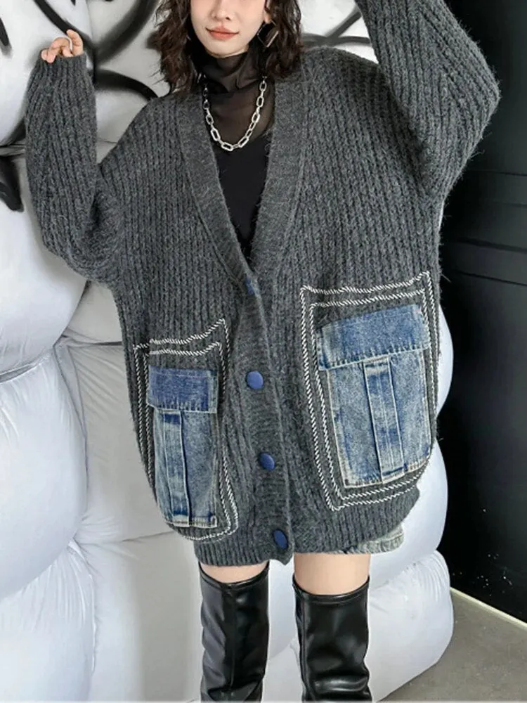 Colorblock Patchwork Denim Knitting Sweater For Women V Neck Long Sleeve Patchwork Button Casual Sweaters Female