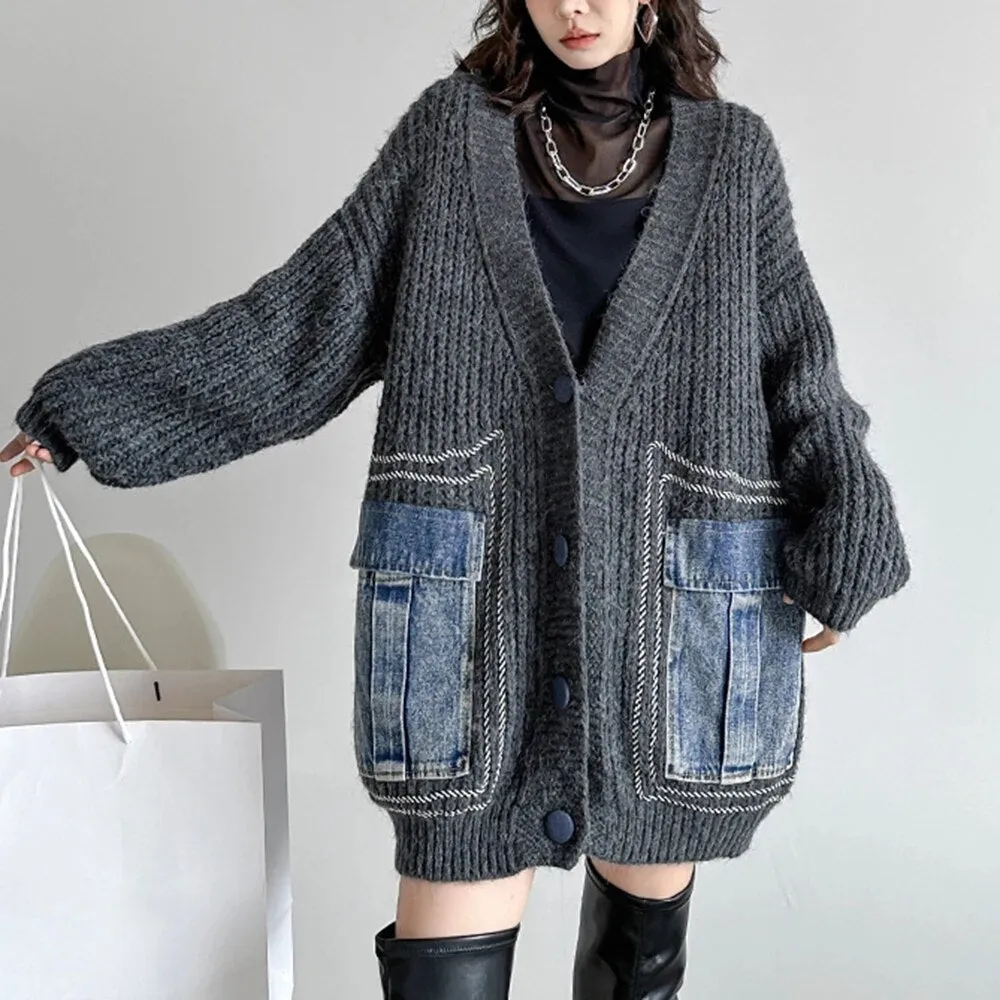 Colorblock Patchwork Denim Knitting Sweater For Women V Neck Long Sleeve Patchwork Button Casual Sweaters Female