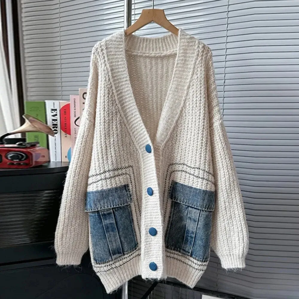 Colorblock Patchwork Denim Knitting Sweater For Women V Neck Long Sleeve Patchwork Button Casual Sweaters Female