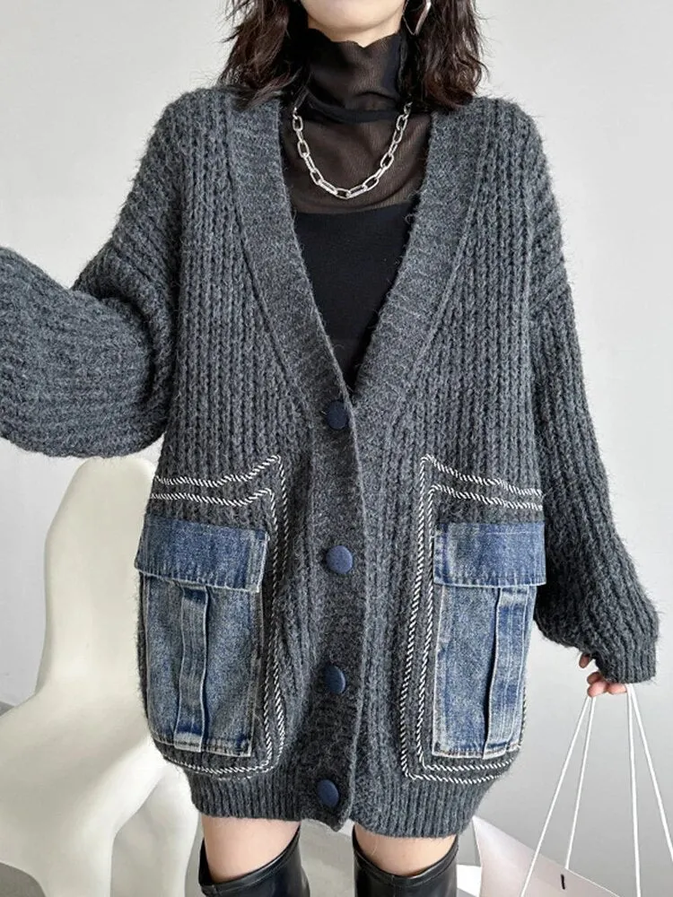 Colorblock Patchwork Denim Knitting Sweater For Women V Neck Long Sleeve Patchwork Button Casual Sweaters Female