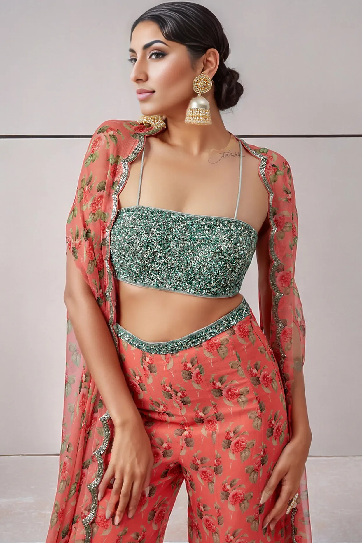 Coral Raw Silk & Chiffon Printed Cape Set