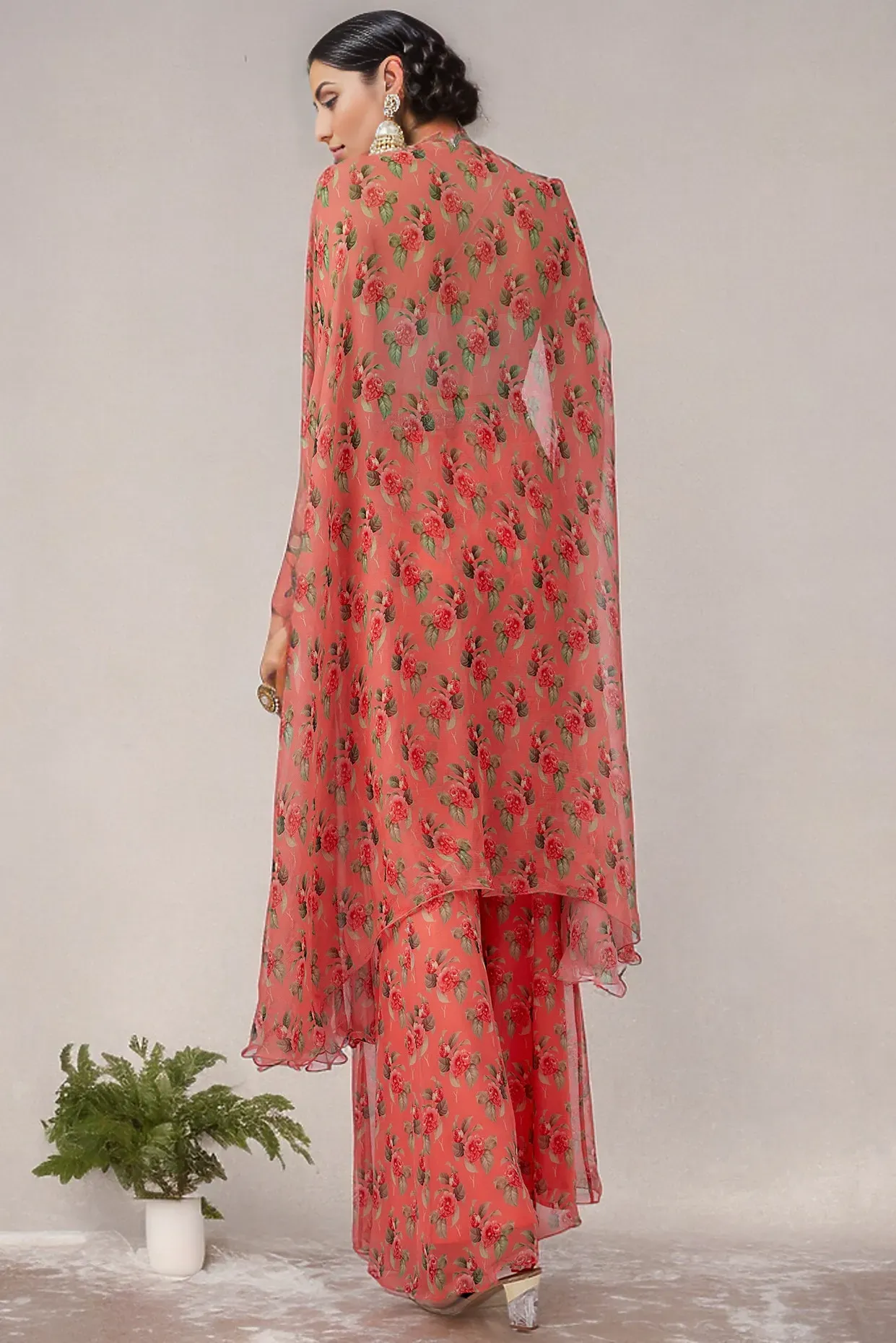 Coral Raw Silk & Chiffon Printed Cape Set