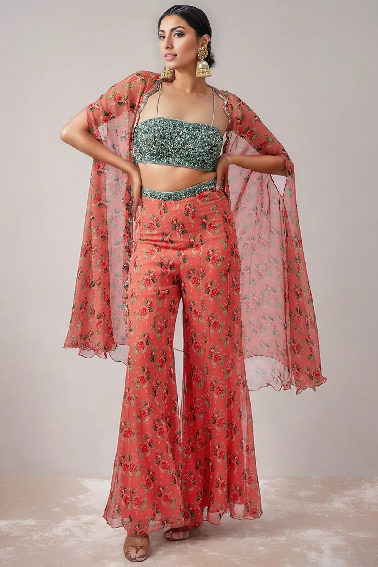 Coral Raw Silk & Chiffon Printed Cape Set