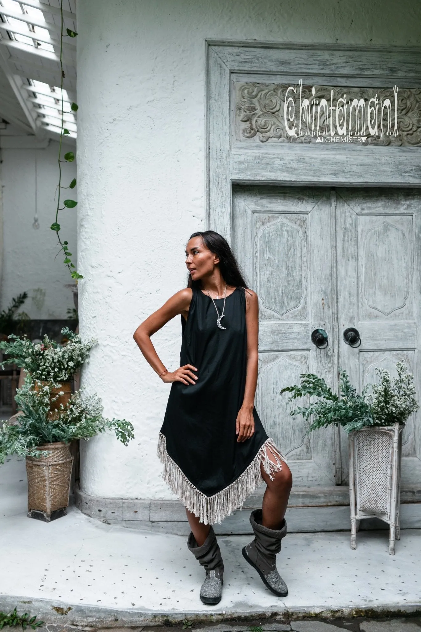 Cotton Corner Fringe Dress for Women / Black