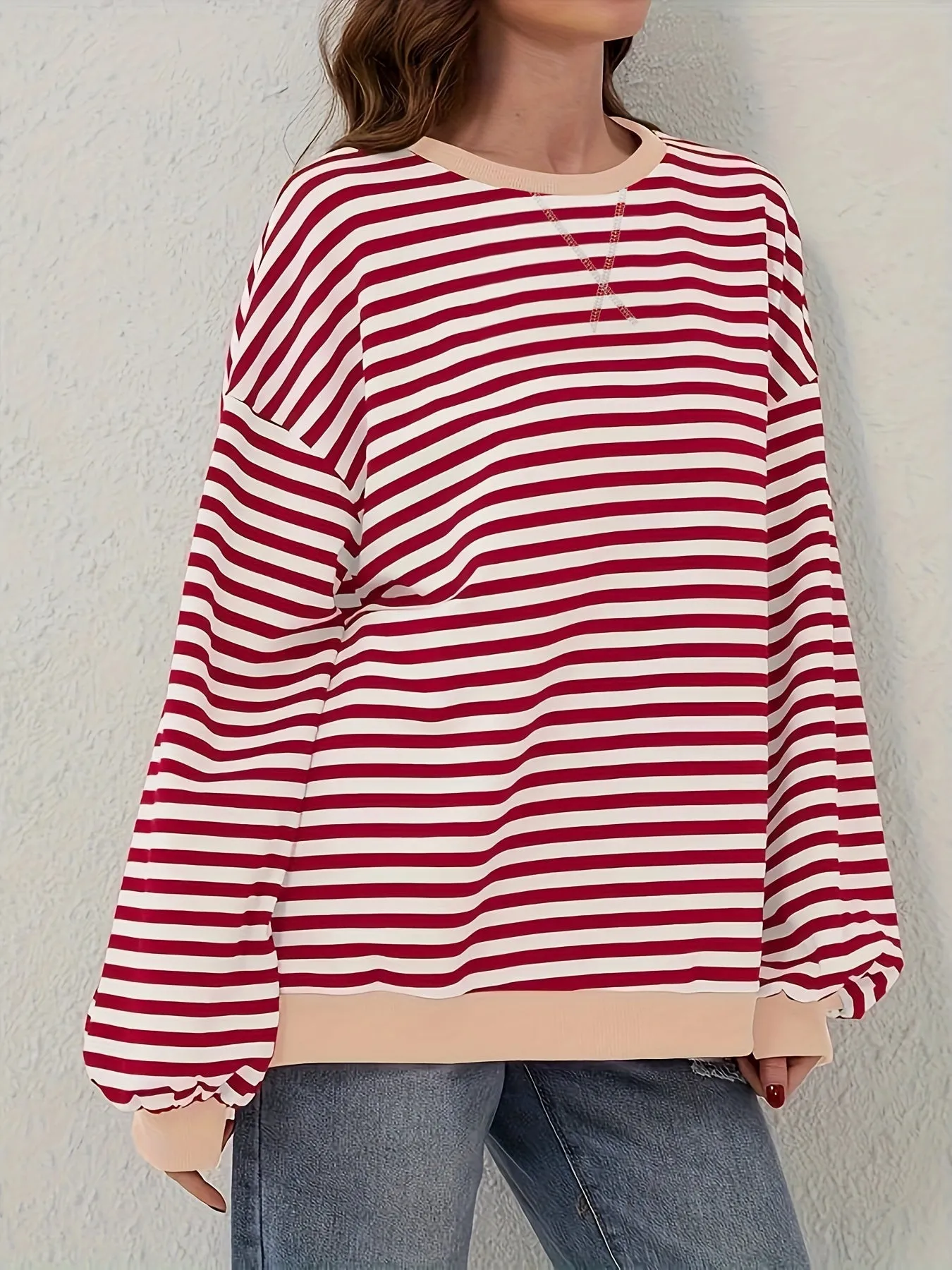 Cozy Striped Drop Shoulder Pullover Sweatshirt - Soft, Casual, Long Sleeve, Crew Neck, Fall & Winter Essential - Women's Comfortable Clothing for Chilly Days