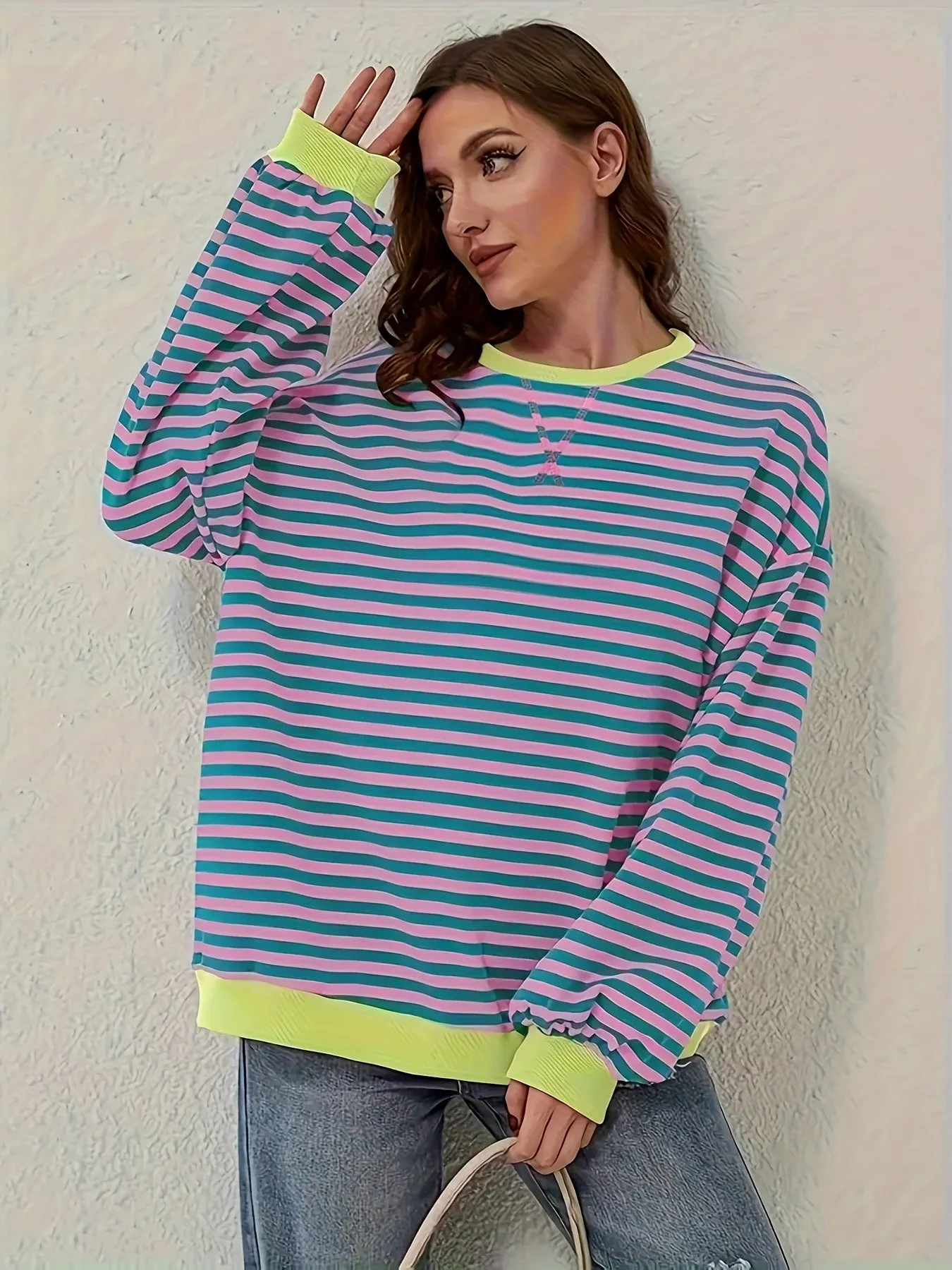 Cozy Striped Drop Shoulder Pullover Sweatshirt - Soft, Casual, Long Sleeve, Crew Neck, Fall & Winter Essential - Women's Comfortable Clothing for Chilly Days