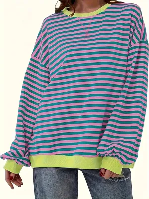 Cozy Striped Drop Shoulder Pullover Sweatshirt - Soft, Casual, Long Sleeve, Crew Neck, Fall & Winter Essential - Women's Comfortable Clothing for Chilly Days