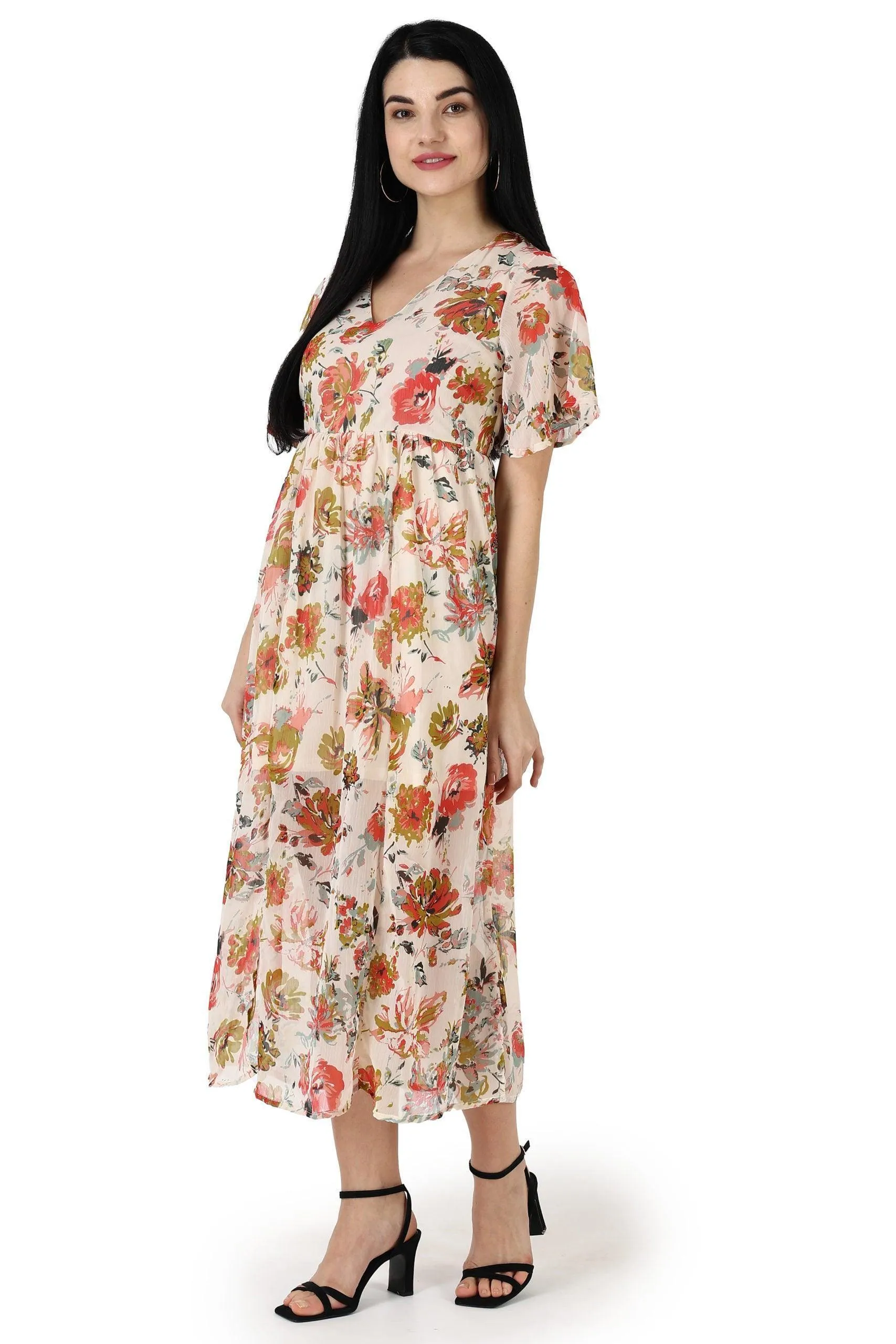 Cream Floral Printed Dress