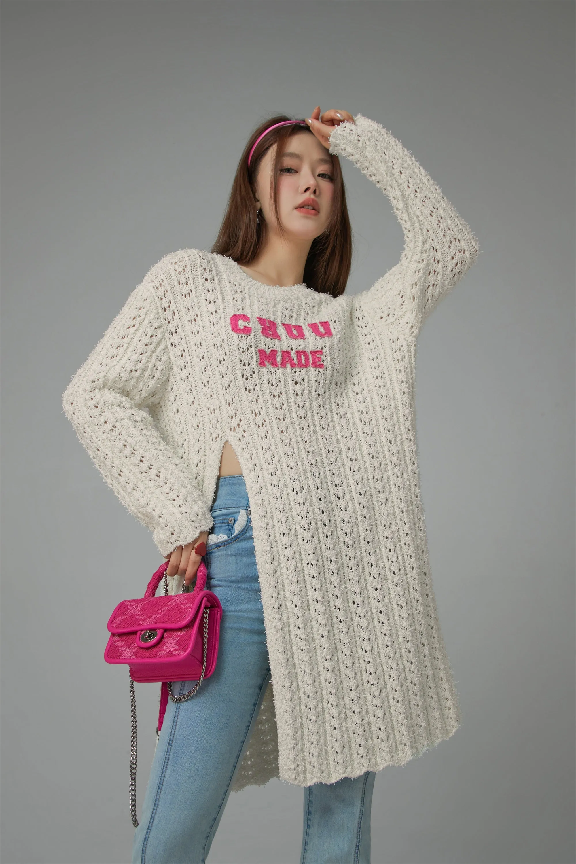 Crochet Side Slit Knit Long Sweater Dress